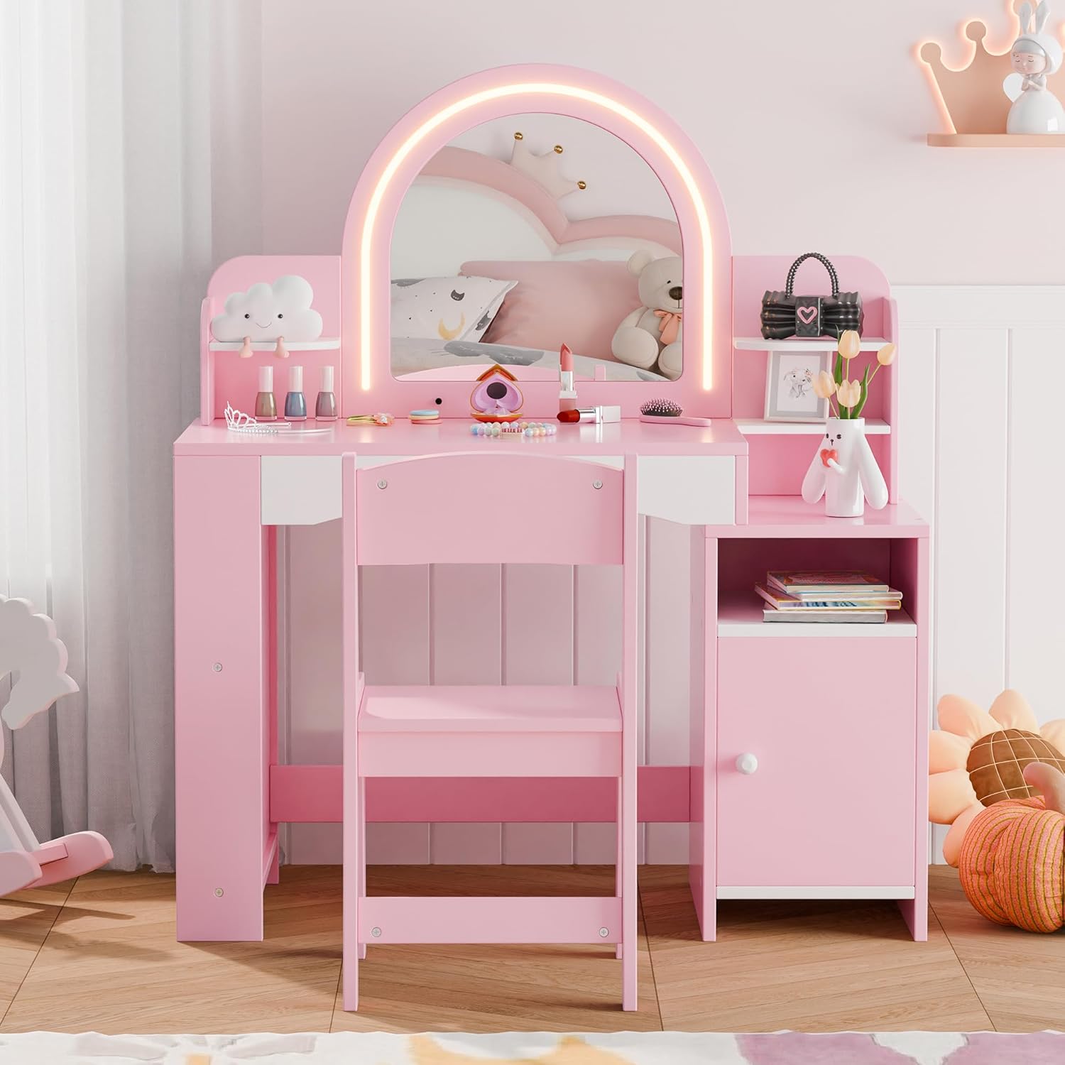 MU Kids Vanity with Lights, Princess Makeup Vanity Desk with Open Bookshelf, Storage Cabinet & Shelves, 2 in 1 Toddler Vanity Table & Chair Set with Lighted Mirror for Little Girls, Pink
