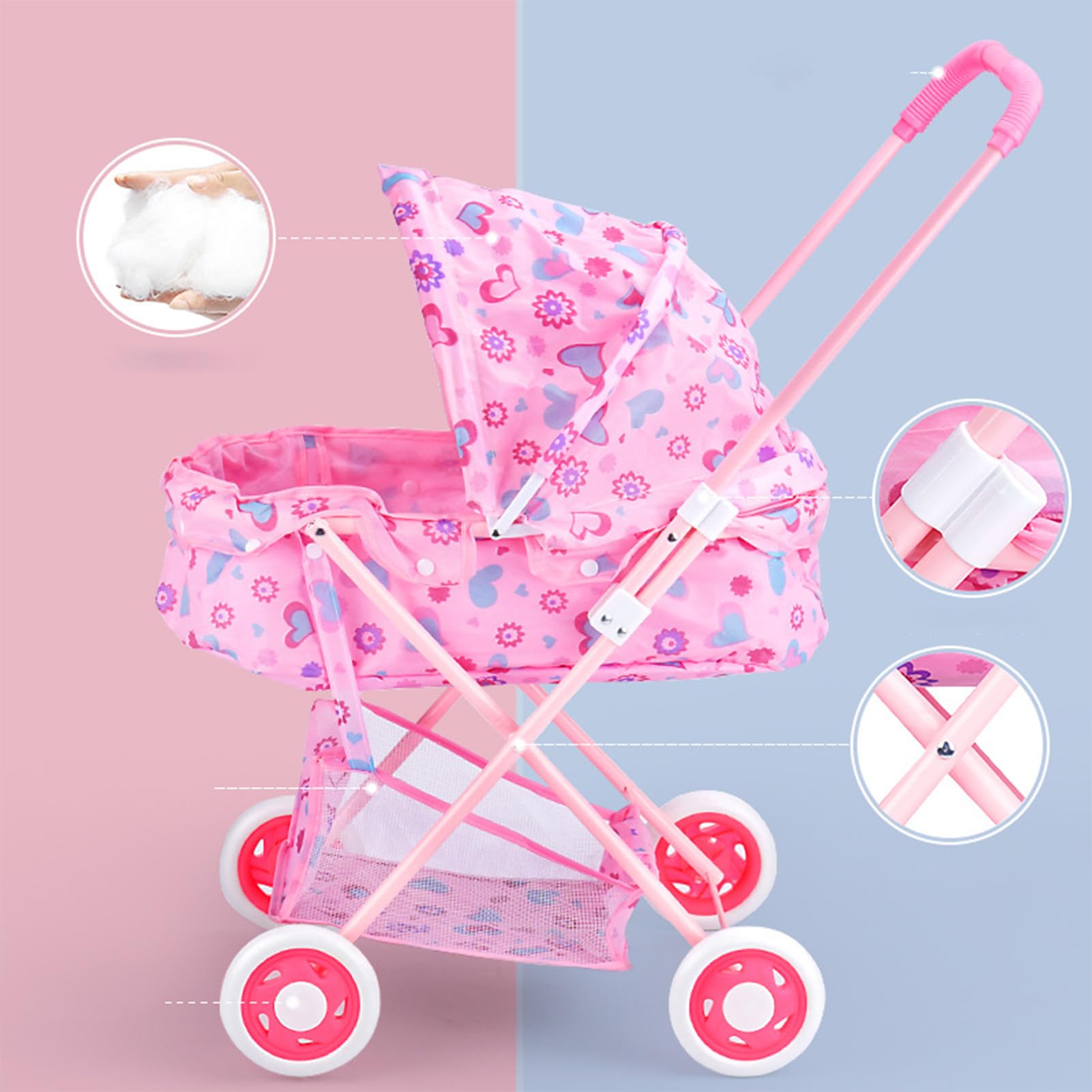 Puppen-Kinderwagen für kleine Babypuppen Robust Geräumig Realistisches | Hochstuhl-Wagen für Babypuppen Kinderzimmer-Spielzeugbuggy, für Kindertag, Geburtstag, Ostern