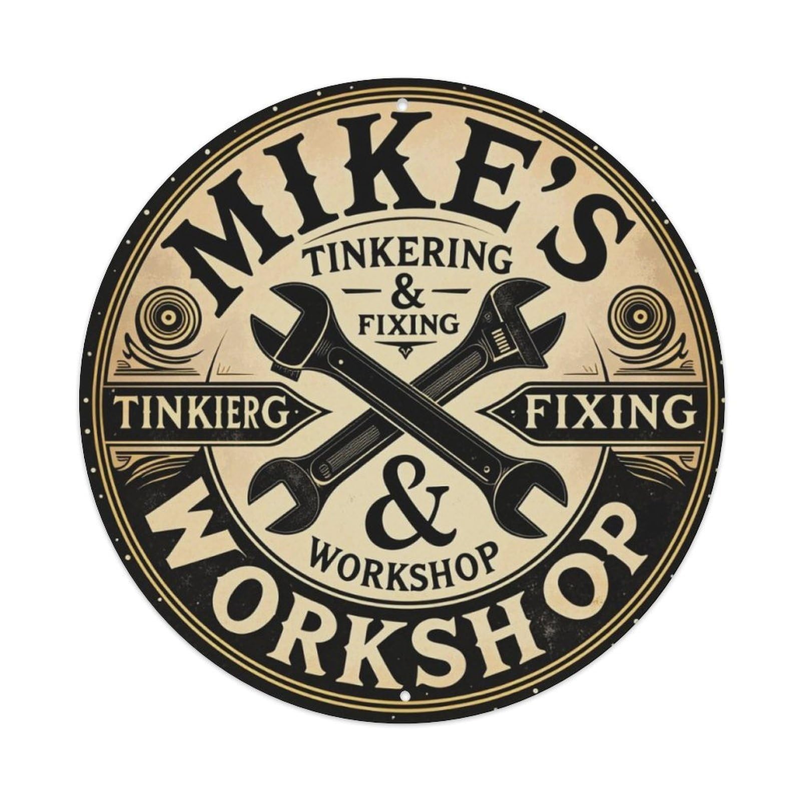 Vintage Garage Workshop Wrench Round Sign Vintage Aluminium Metal Sign, Retro Wall Decor for Home, Bar, Garage & Farmhouse 20x20cm