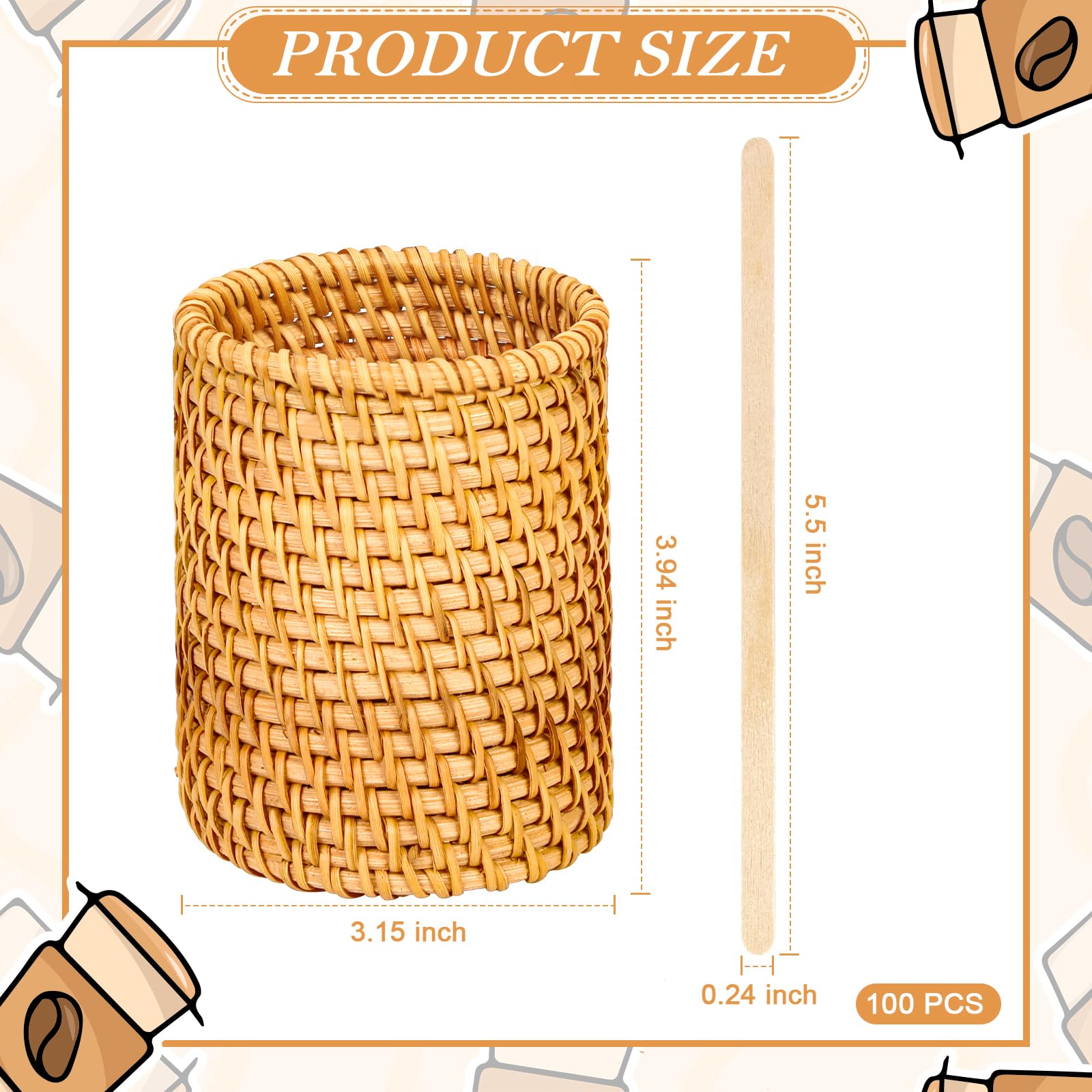 Wood Rattan Coffee Stirrers - 100 Pack -2
