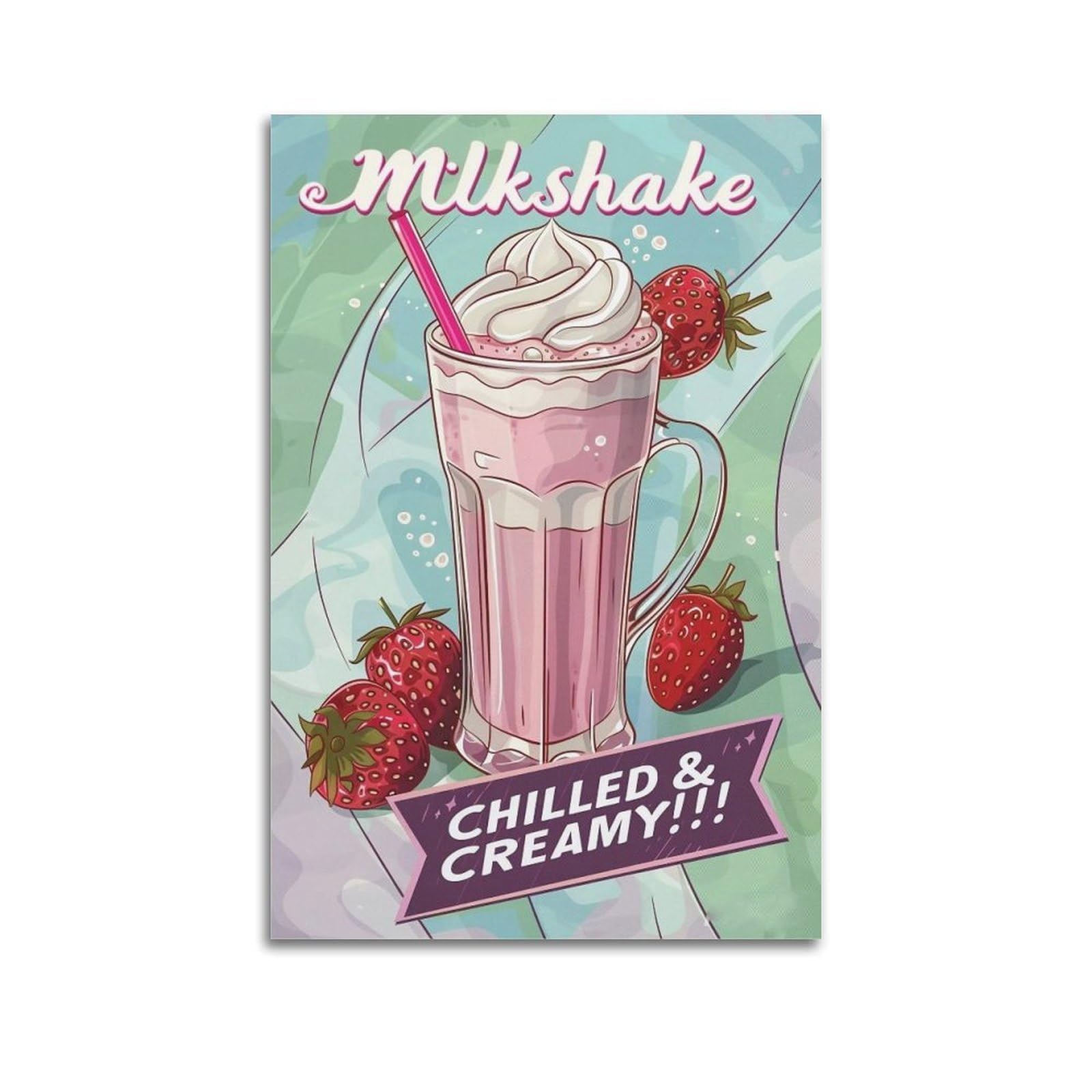 HUERYRYHY Chilled Creamy Strawberry Milkshake Poster Aesthetic Wall Art Painting Decor Vintage Canvas for Living Room Bed Room 16x24inch(40x60cm) Unframe-style