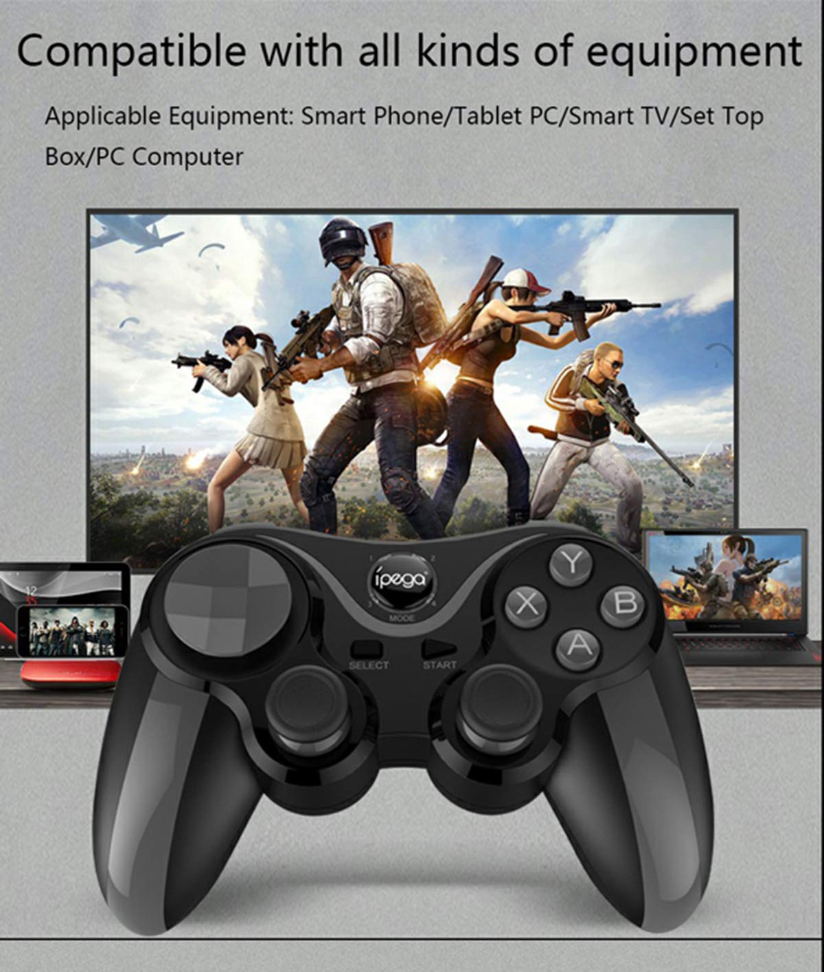 Image illustrating the controller's compatibility with smartphones, tablets, Smart TVs, set-top boxes, and PCs.
