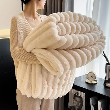 Bunny Blanket, Fleece Throw Blanket for Couch-Valentines Day Gifts for Women&Girls, Super Soft Striped Rabbit Plush Blanket, Lightweight Cozy Fluffy Throw for Sofa Bed White,47x79inch