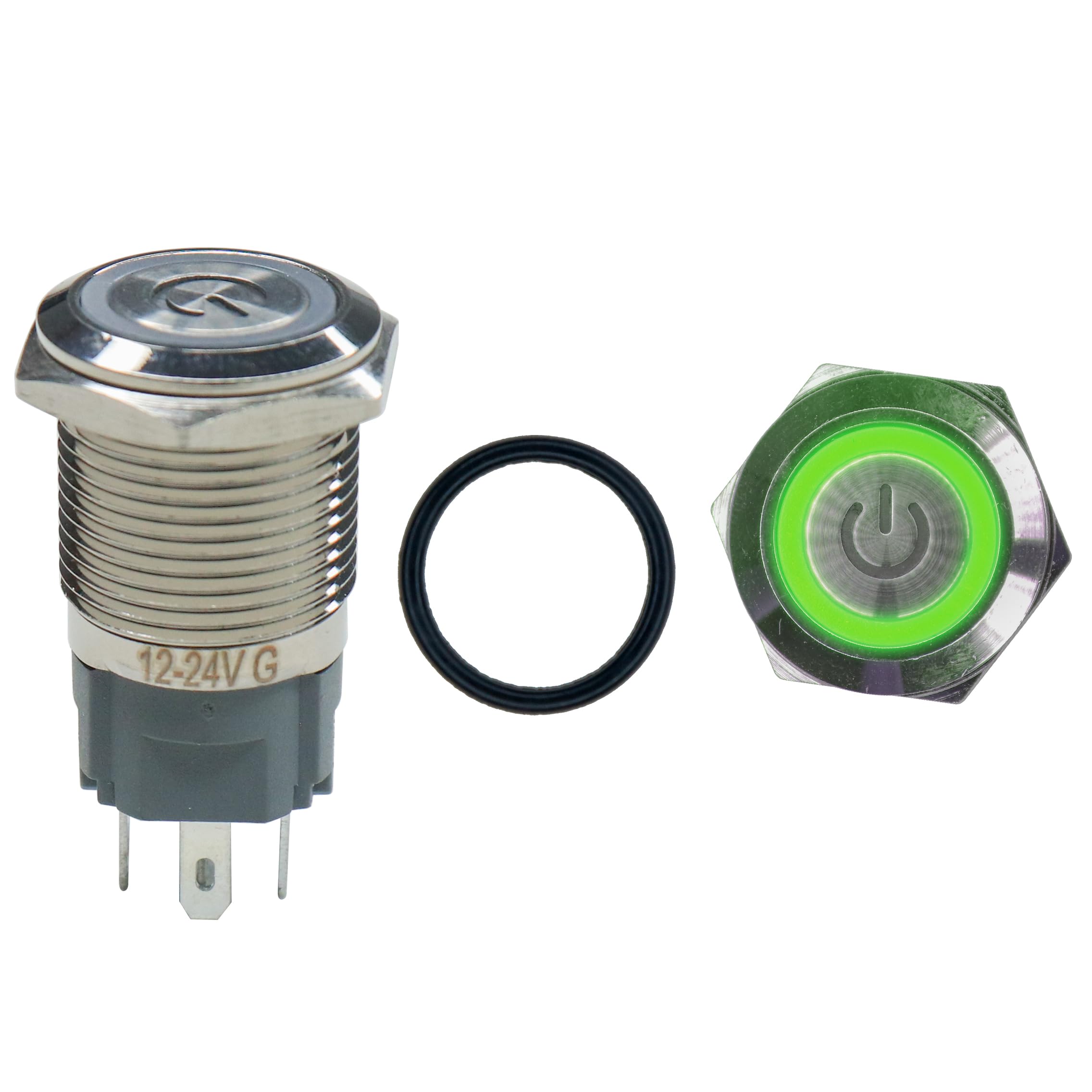 16 mm 12-24V Ring Light Horn Types Push Button Metal Switch with Indicator and Power Icon (Green)