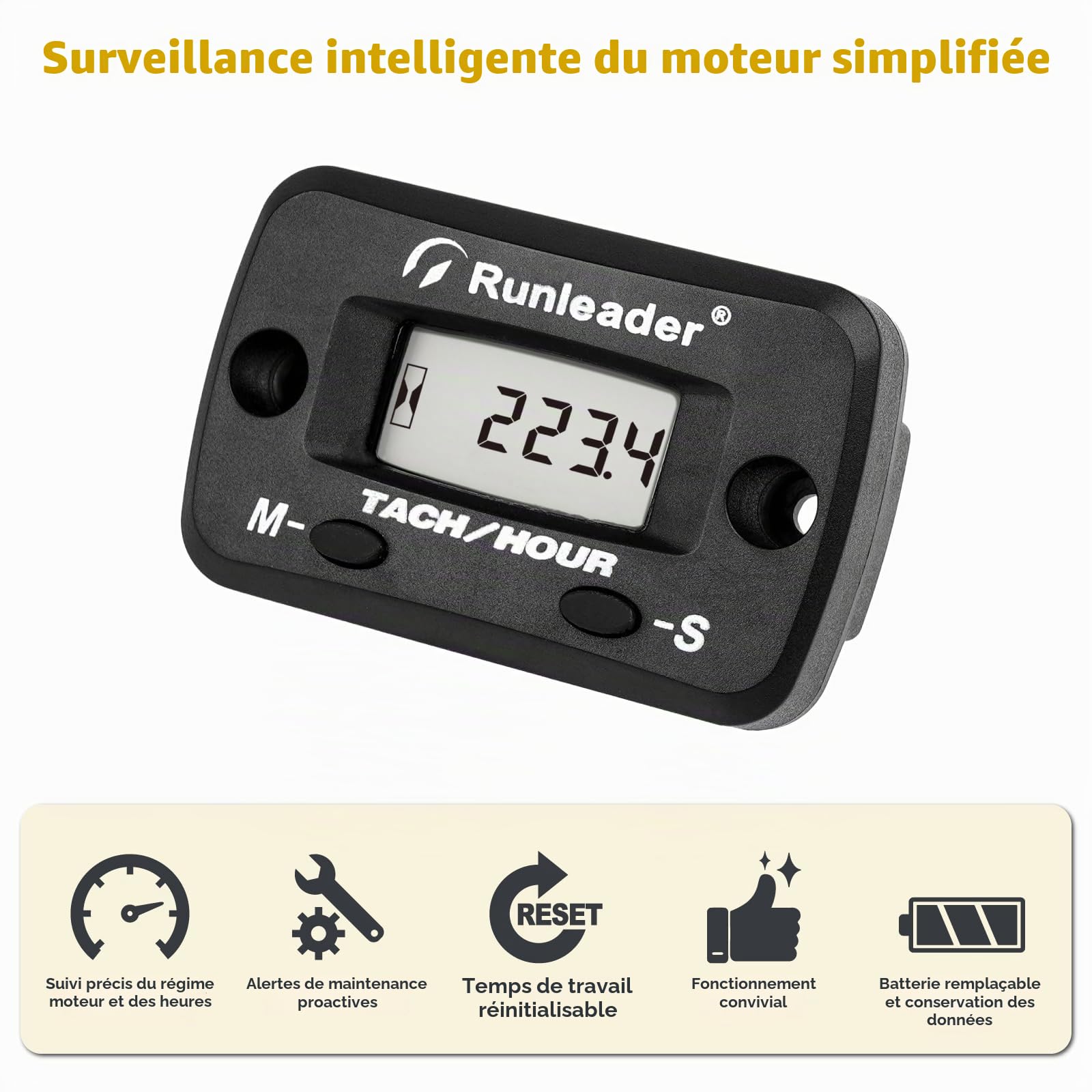 Tach/Compteur d'Heures Numérique Avec Rappel Maintenance – Étanche, Batterie Remplaçable, Programmable Pour Moto Cross Moteurs Essence Tondeuse Tronçonneuse Générateur Moto Compresseur d'Air