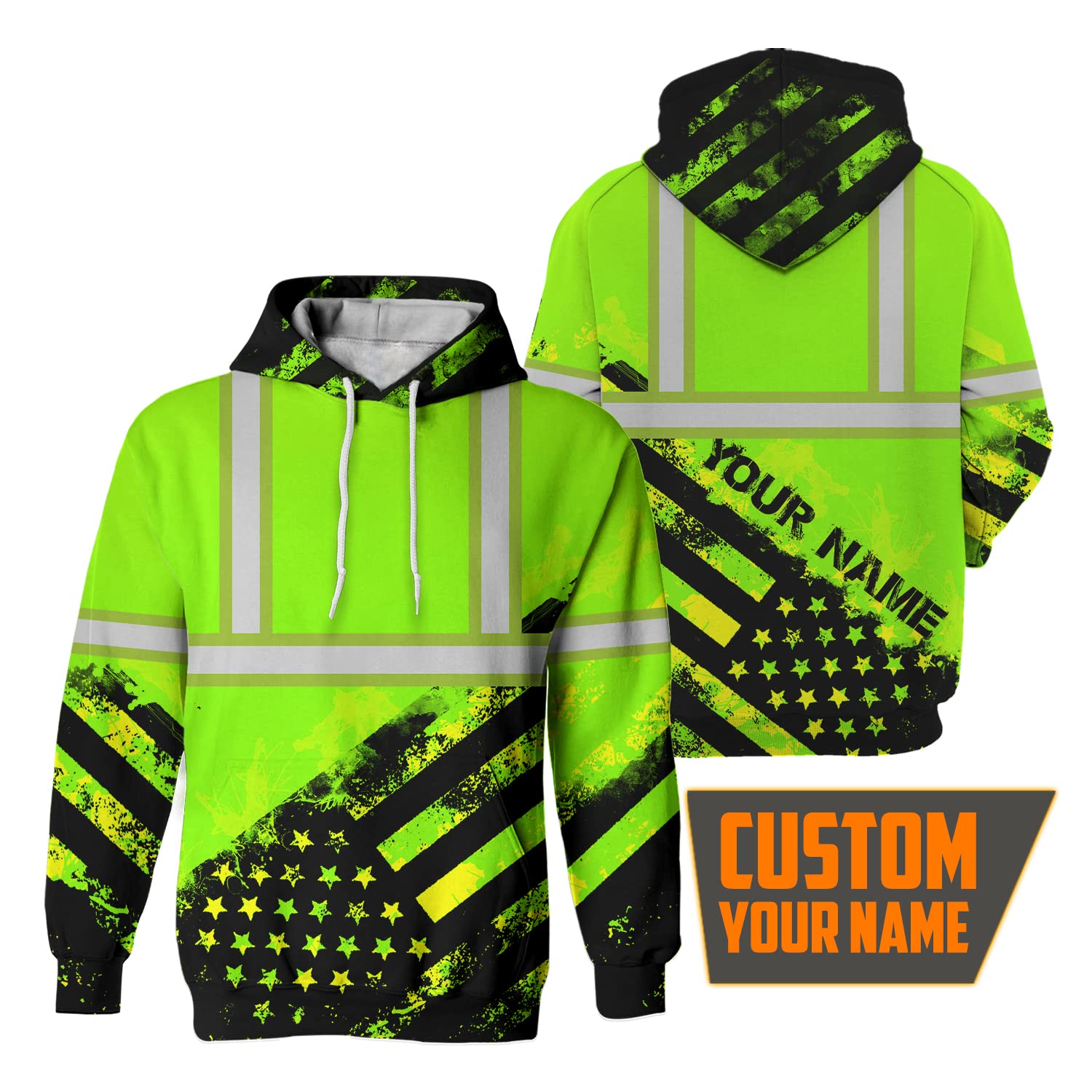 HiVis Custom Green American Flag High Visibility Hoodie Men Custom Name Class 3 Reflective Tape Safety Workwear for Workers, Patriotic, Operator, Truckers
