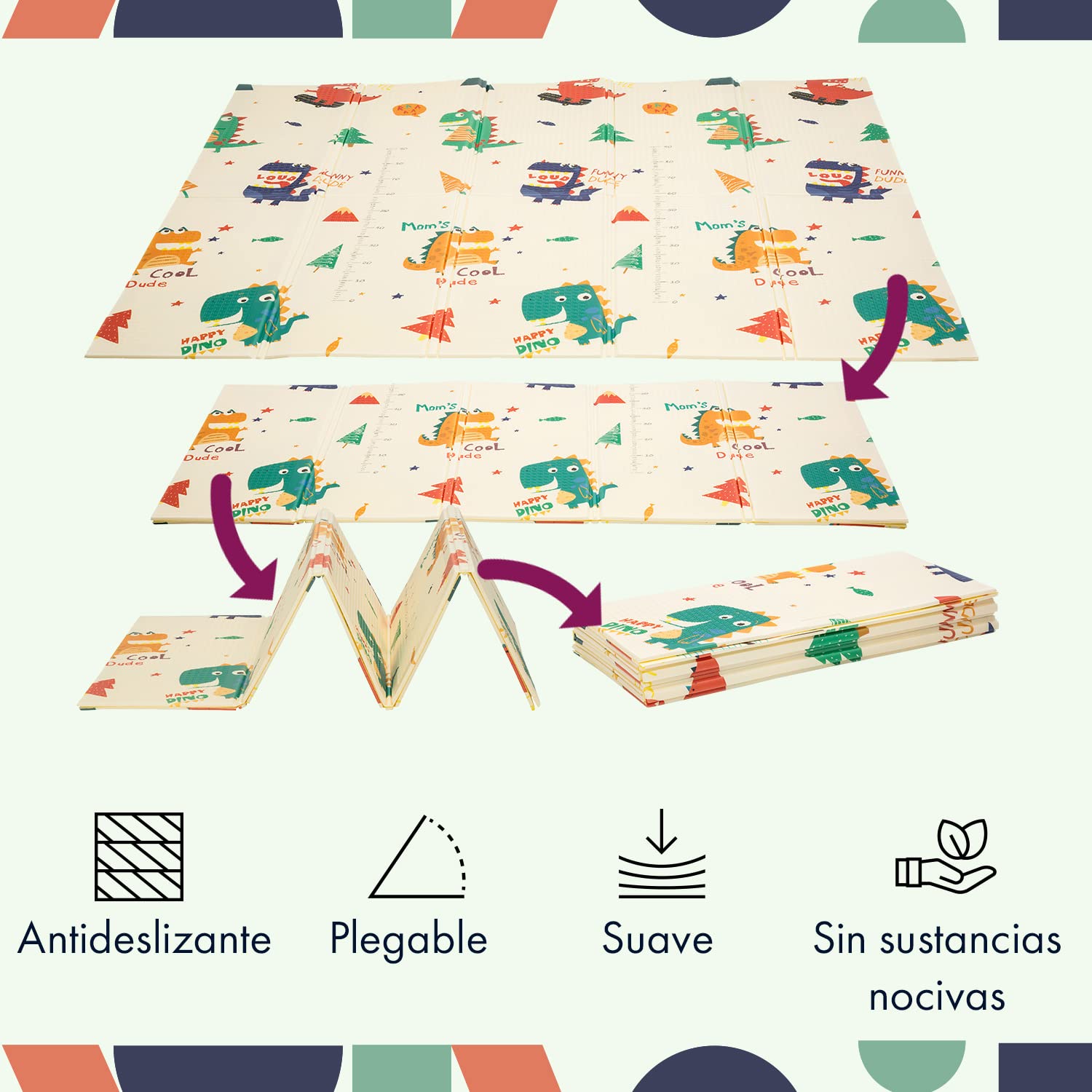 Babify Alfombra de Juegos para Bebé Dino, Colchoneta niños plegable, con bolsa de transporte, tapete impermeable XPE no toxico.