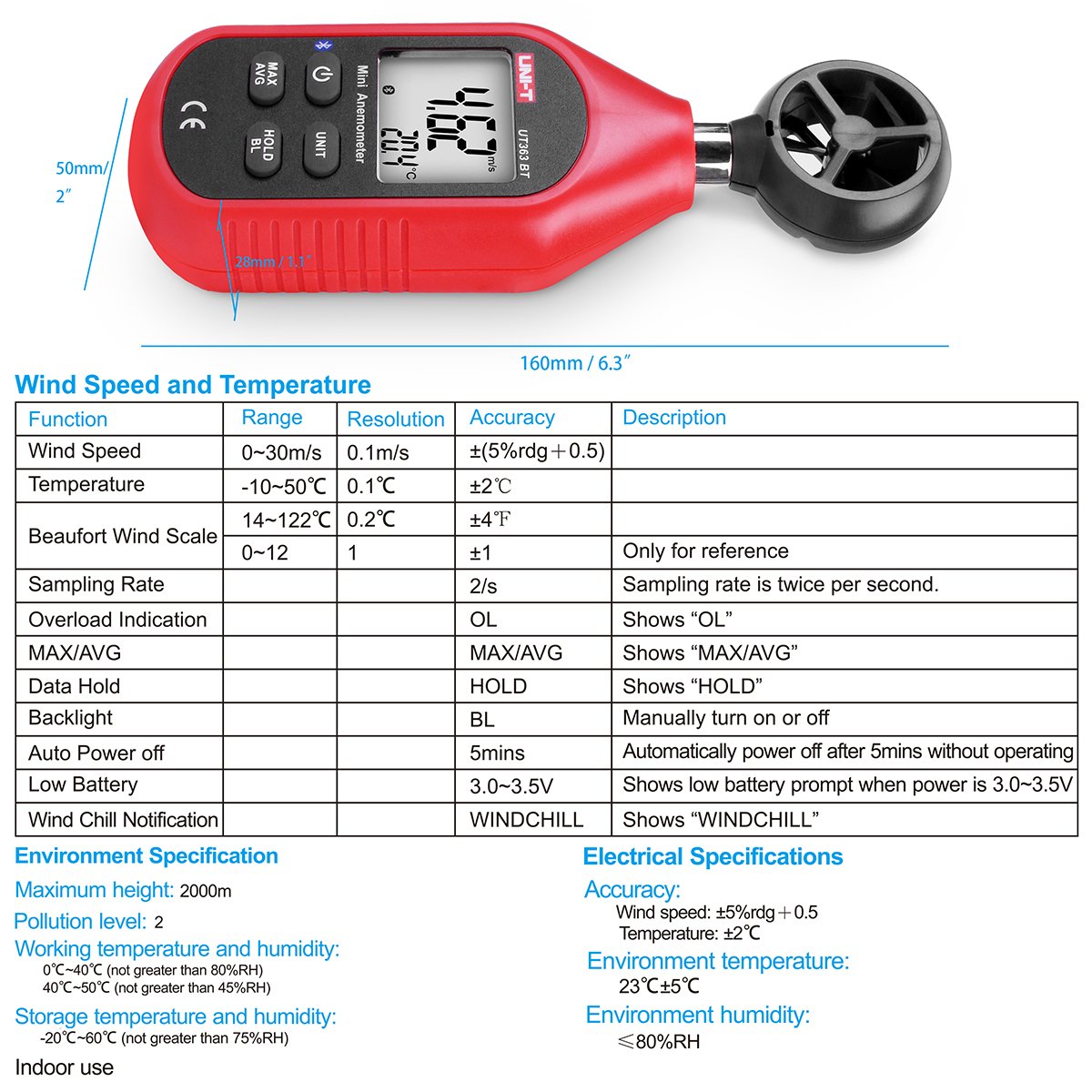 Bluetooth Anémomètre,Uni-T Portable Mini Digital anémomètre avec thermomètre et max/min pour collecte de données Météorologiques et l'extérieur Sports windsurf Sailing avec écran LCD rétroéclairé