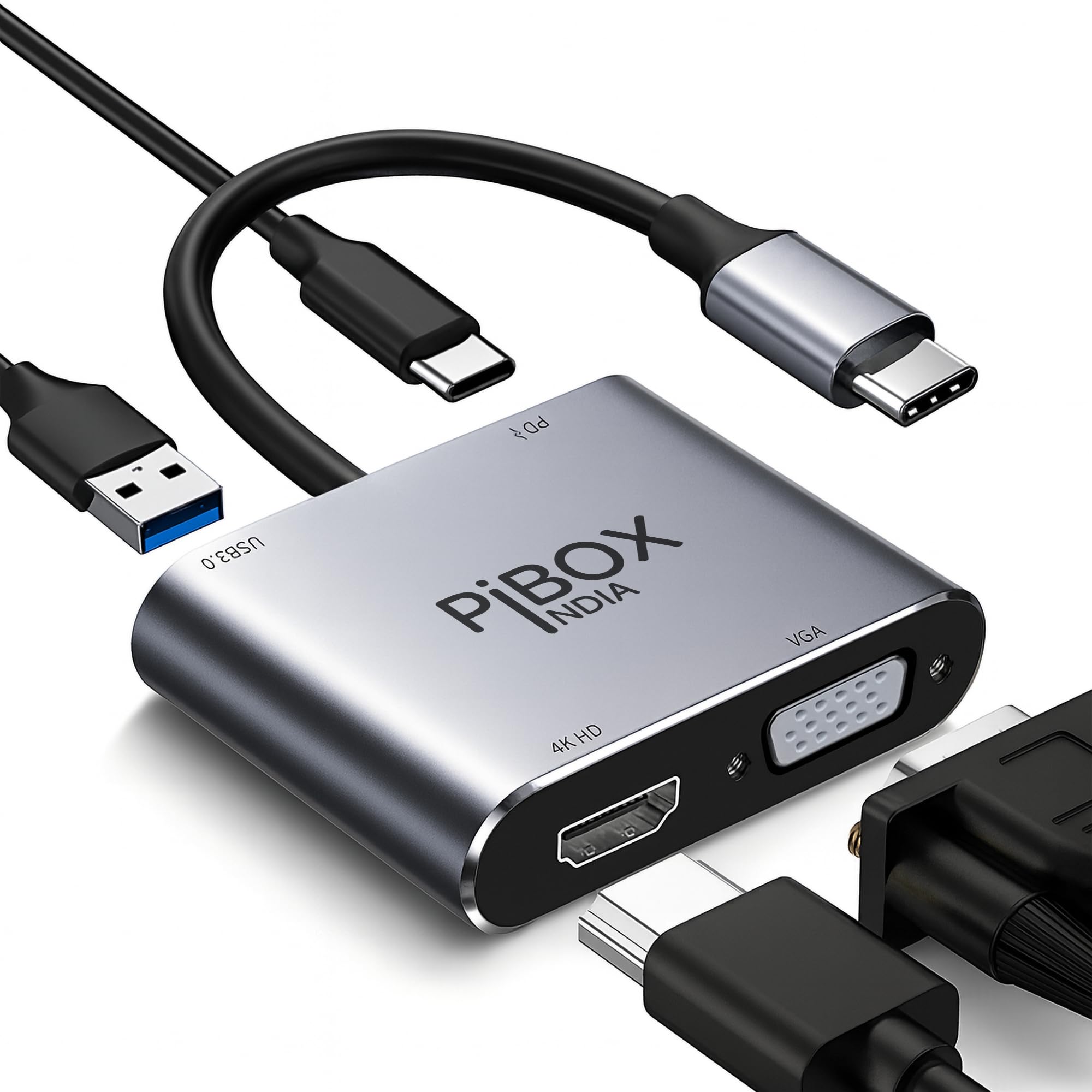 PiBOX India, USB C to HDMI VGA USB Adapter, Aluminium Type C USB hub 3.1 to HDMI 4K/VGA/USB 3.0/USB C Converter Cable Charging Port Adapter Cable for Mac, Compatible Samsung Galaxy/Samsung Note