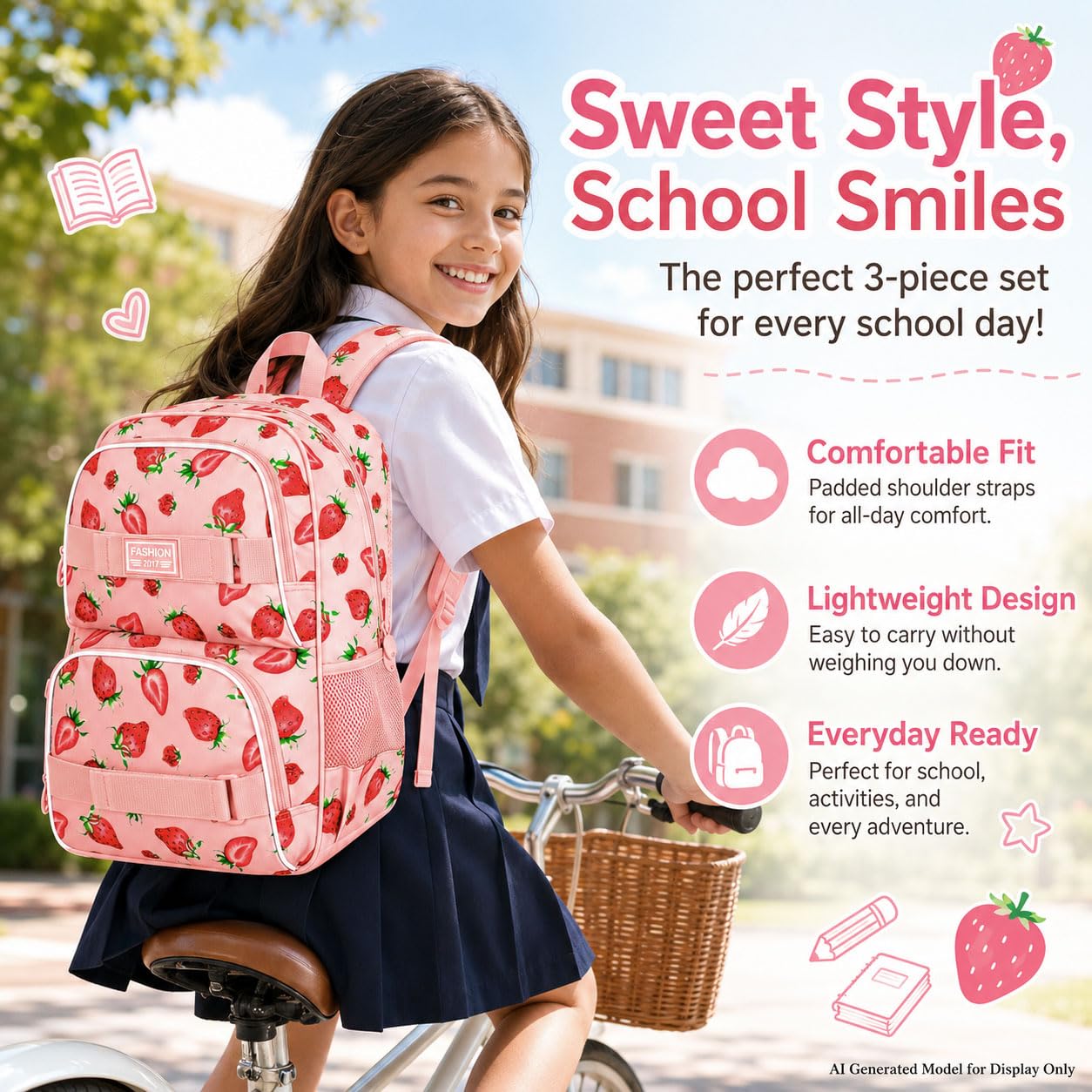 HPJGD Mochila escolar de 3 piezas para niñas, 17 pulgadas, resistente al agua, con fiambrera, bonito juego de bolsas de libros de fresas rosas para mujeres, adolescentes, escuela primaria secundaria,
