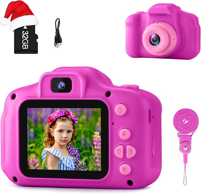 GKTZ Camera for Kids, Mini Selfie Camera Children Digital Video Toddler Toy Camera Birthday Gift for 3 4 5 6 7 8 Year Old Girls with 32GB Card - Rose
