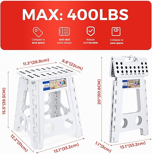 Miniatura 198 de Acko. Taburete plegable de 13 pulgadas de alto, resistente, para niños y adultos, cocina, jardín, baño, taburete con escalón. Blanco,Negro