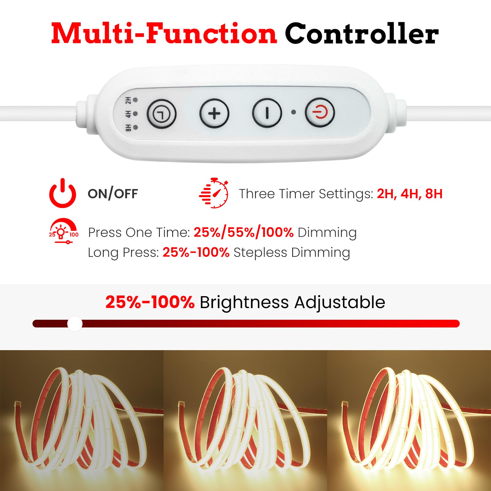220V Tira LED COB regulable/temporizable [24M,Blanco natural 4000-4500K],flexible e impermeable IP67,240 LEDs/m recortable tira LED FCOB de silicona CRI85+,iluminación para hogar/comercios