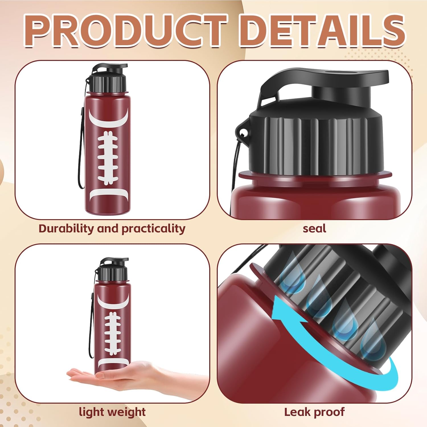 Olgaa 16 Pcs Football Water Bottle Bulk 20 oz Football Reusable Water Drink Bottles Sports Football Accessories for Party Favor Players Lovers Team Gifts (Football) - Image 3
