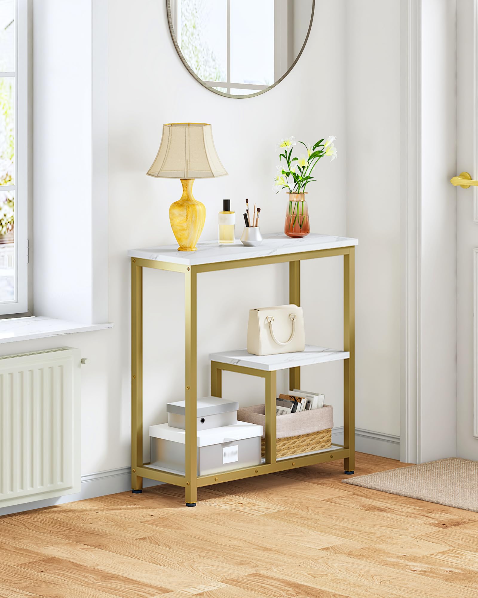 CHOEZON Konsolentisch, 3-stufige Eingangskonsole, moderner Beistelltisch, mit Marmorstrukturfurnier, Metallrahmen, für Eingangsbereich, Wohnzimmer, Flur, Esszimmer, Marmorweiß und Gold DTXG03DJ