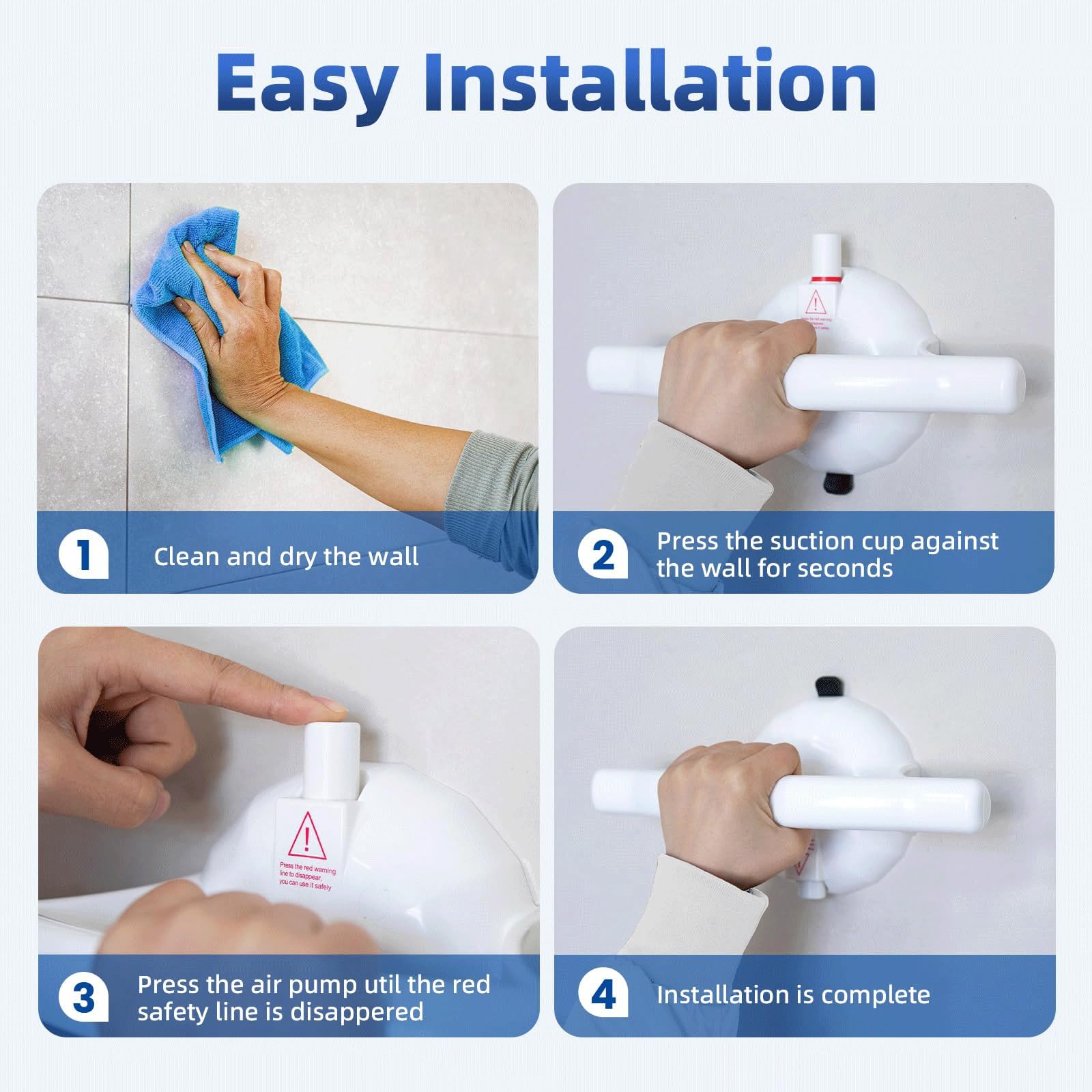 Barras de agarre para bañeras y duchas, ventosa grande de 5.5 pulgadas con línea de alerta de seguridad, agarre de seguridad extraíble sin taladrar, barras de seguridad de ducha para personas mayores