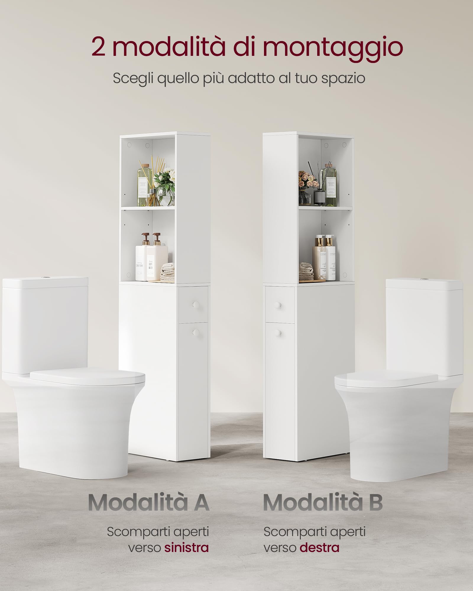 VASAGLE Mobile Bagno Alto, Mobiletto Bagno a Colonna con Cassetti e Ripiano Regolabile, per Spazi Piccoli, Stile Moderno, Bianco Classico BBK567T14
