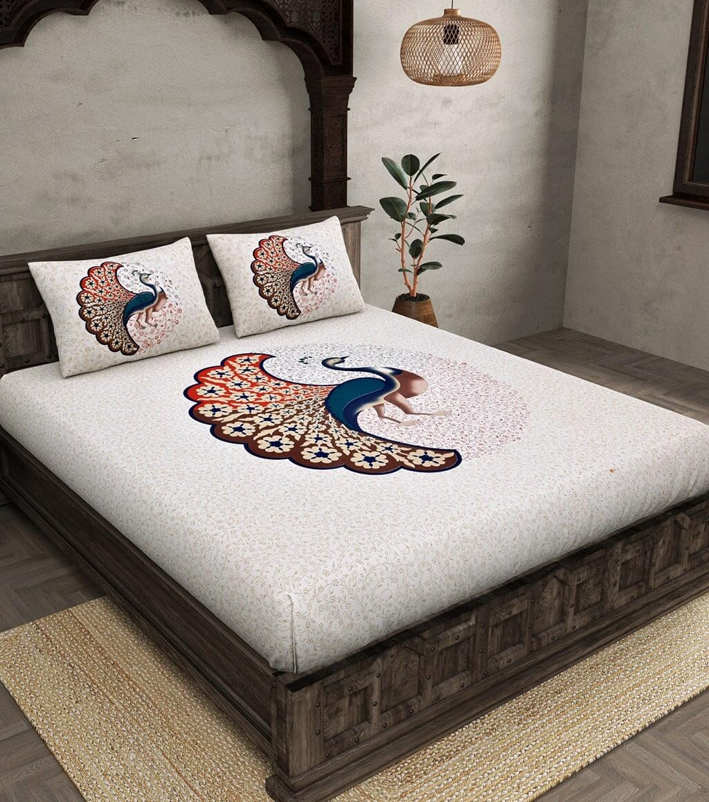 AC FASHION Rajasthani Jaipuri Traditional Sanganeri Peacock Print 144 TC 100% Cotton Double Size Bedsheet with 2 Pillow Covers (B0CQRNR6K2) Amazon Price History, Amazon Price Tracker