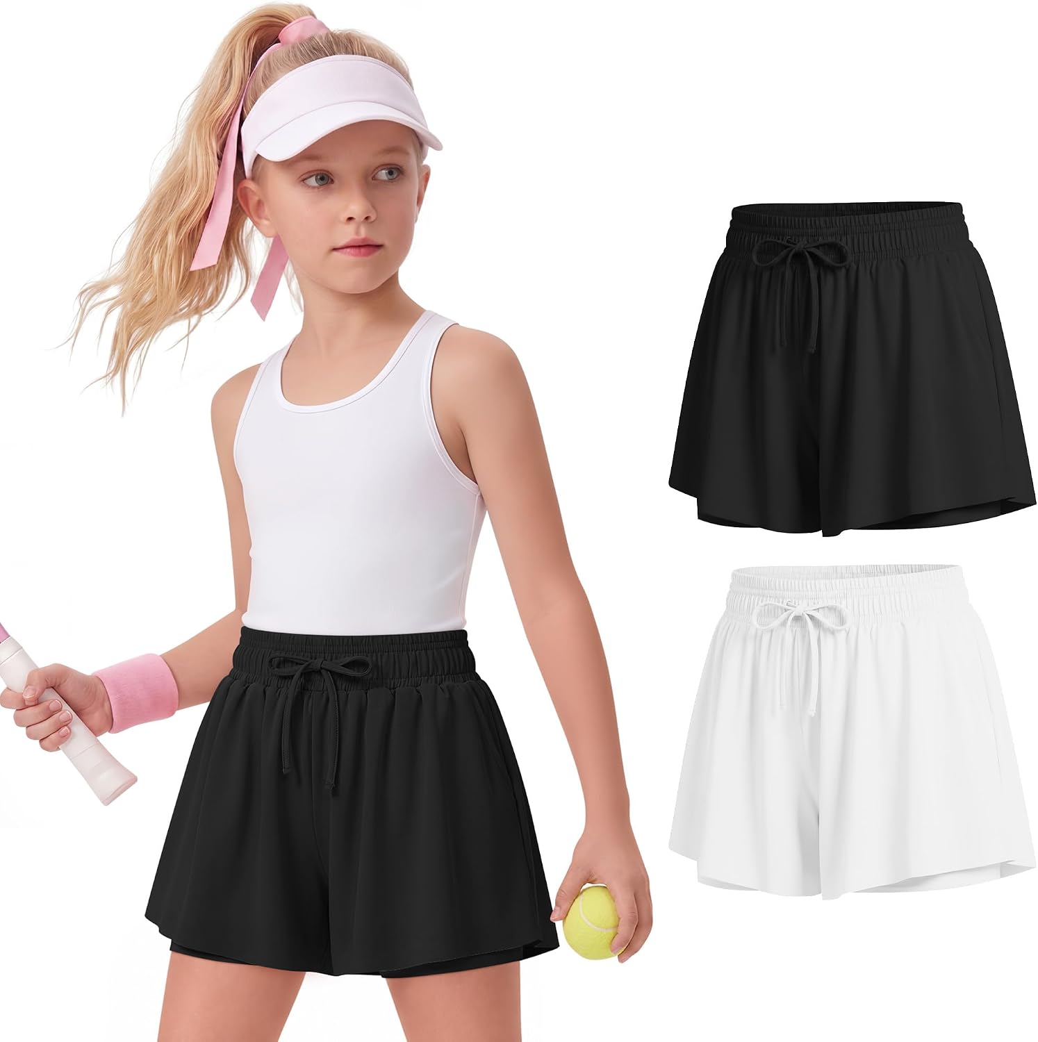 2 Pack Girls Butterfly Shorts Flowy 2 in 1 Athletic Sweat Shorts with Elastic High Waist Drawstring Pocket Liner