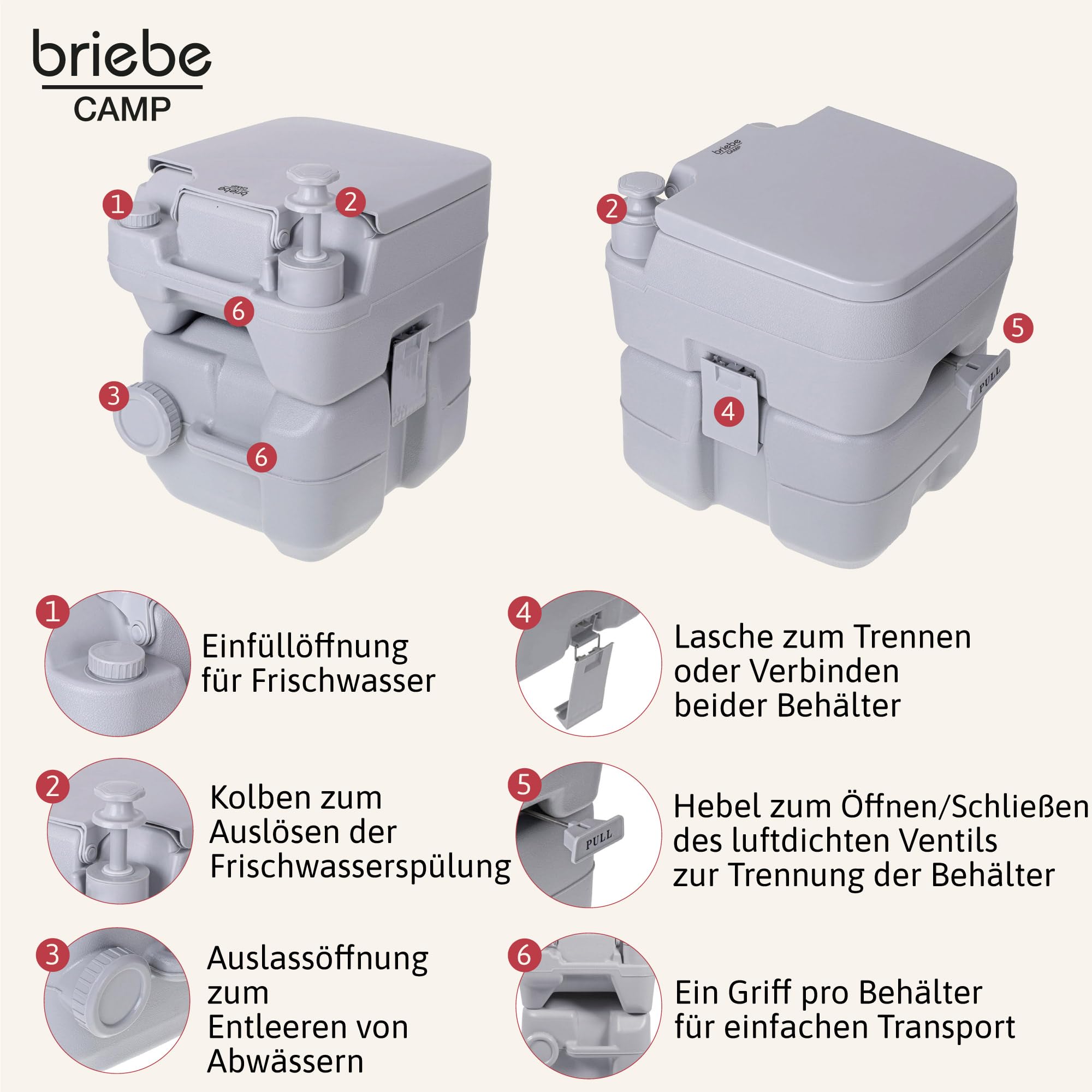 briebe Camp Campingtoilette Tragbare Reise Toilette Frischwassertank, Klo für Wohnwagen, Boot, Outdoor, Chemie-WC Wasserspülung Potty, WC1113