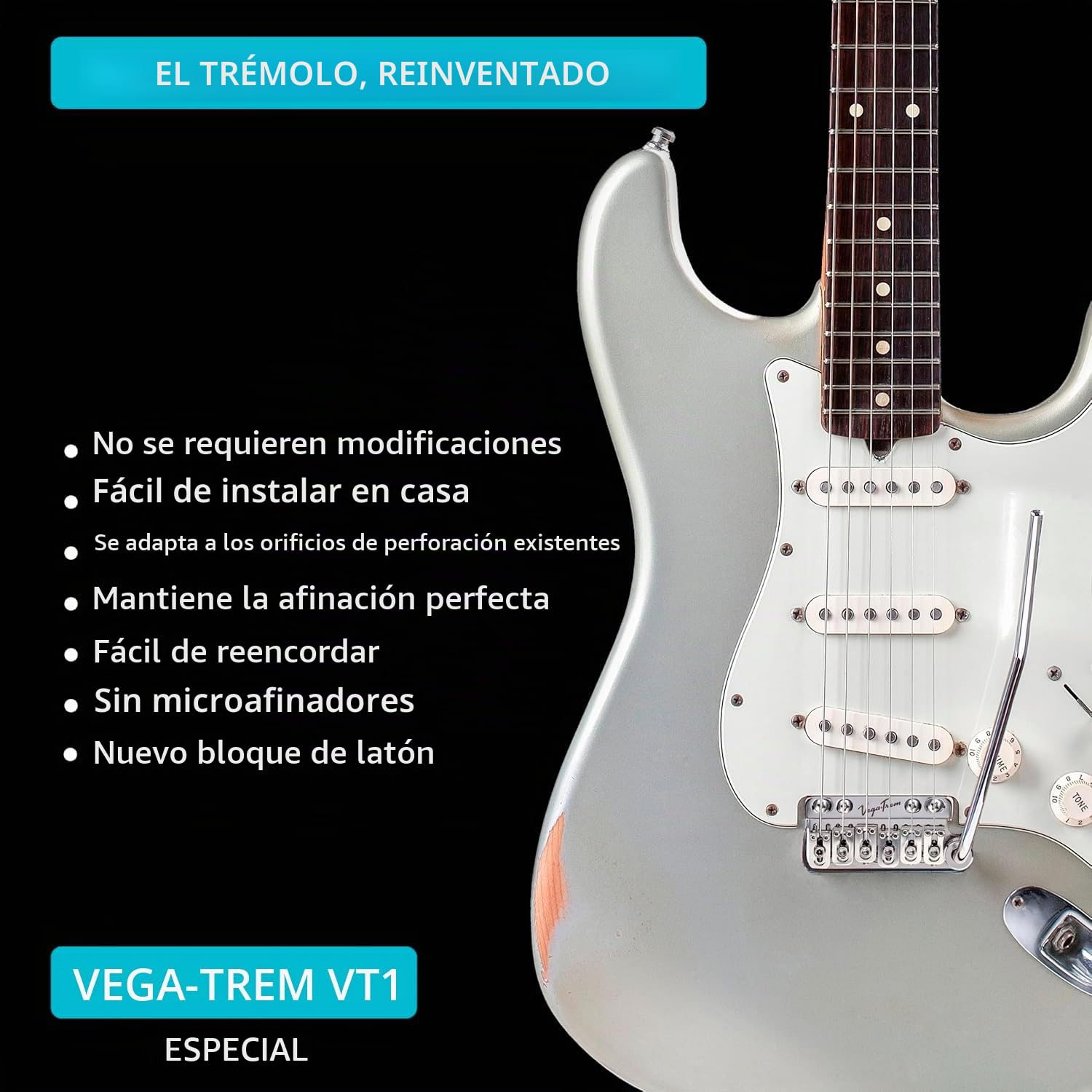 Vega-Trem VT1 Special - Guitarra Strat de 2 puntos, puente de trémolo para Strat, sin modificaciones, fácil instalación (satén, derecha)