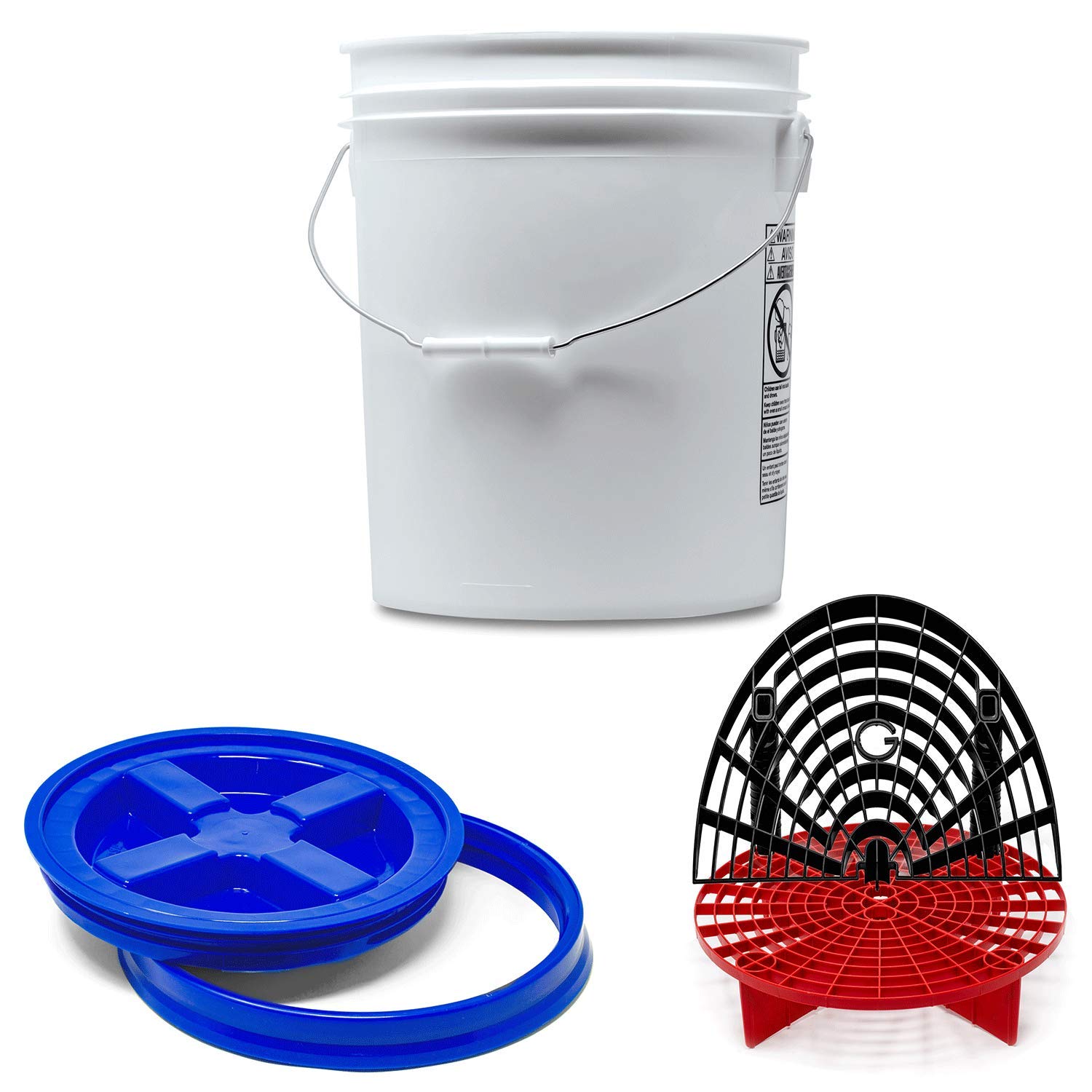 Detailmate professionelles Wasch Eimer Set: Magic Bucket Wascheimer 5 GAL (ca. 20 Liter), Gamma Seal Eimerdeckel blau, GritGuard Schmutz Einsatz rot, GritGuard Washboard schwarz