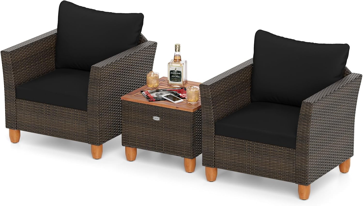 RELAX4LIFE 3-Piece Patio Furniture Set - Rattan Wicker Chairs w/Cushions, Acacia Wood Storage Coffee Table, Outdoor Conversation Furniture for Balcony, Bistro Table & Chairs Set of 2 (Brown-Black)