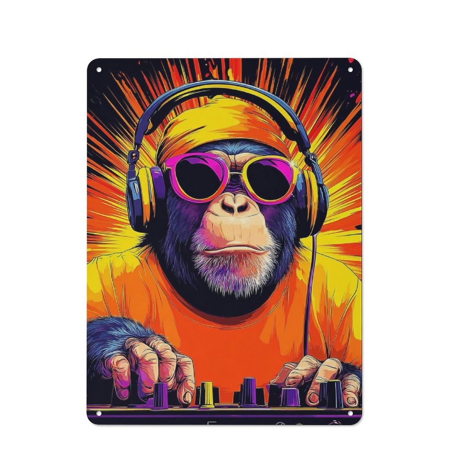 Junmoney Chimp Dj Beyond Imagination -1 Metal Wall Plaque With Design 40X30cm, Classic Retro Room Decor For Kitchen, Hallway, Bar Or Small Cafe