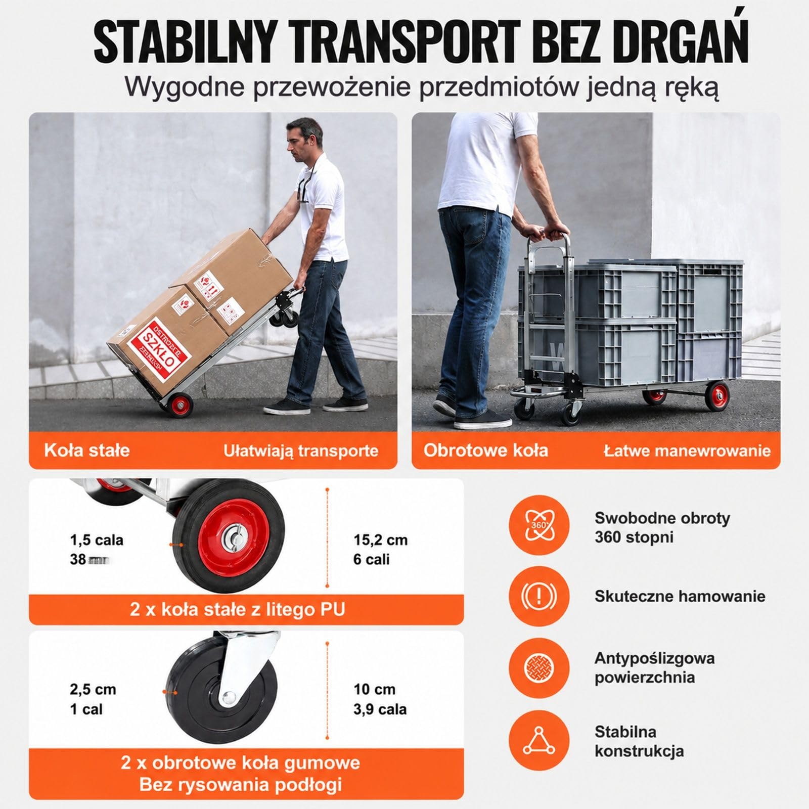 Składany wózek transportowy 2 w 1 z aluminium i stali węglowej, wózek ręczny i platformowy, udźwig 113/181 kg, gumowe koła, do użytku wewnątrz i na zewnątrz