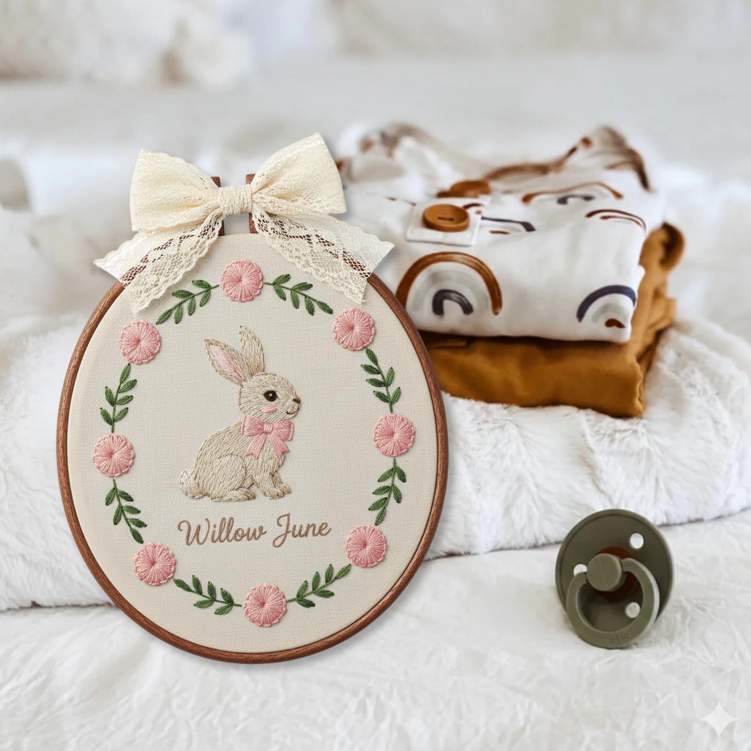 Personalized Embroidered Baby Announcement Sign, Floral Rabbit Embroidery Signs for Nursery Decor, Essentials Newborn Photography Props, Gender Reveal Baby Name Sign, Gifts for Newparent