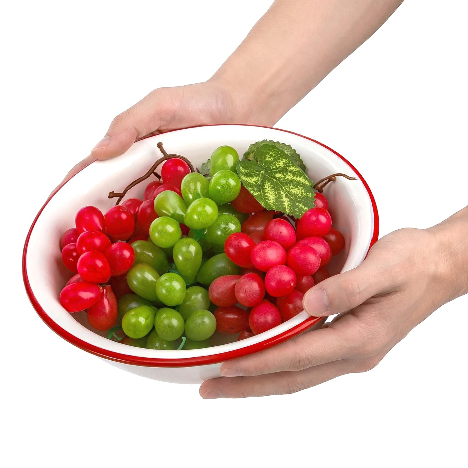 Elsjoy 3-pak emaliowanych misek 20 cm, duża emaliowana miska do mieszania, szeroka emaliowana miska do sałatki z czerwoną krawędzią, białe naczynia emaliowane do zupy, owoców, makaronu, 3 szt