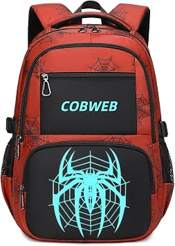 Kids Backpack Boys 18in Cool Luminous Spider Bookbag Elementary Teens School Bag Age 6-12 Compartments Red