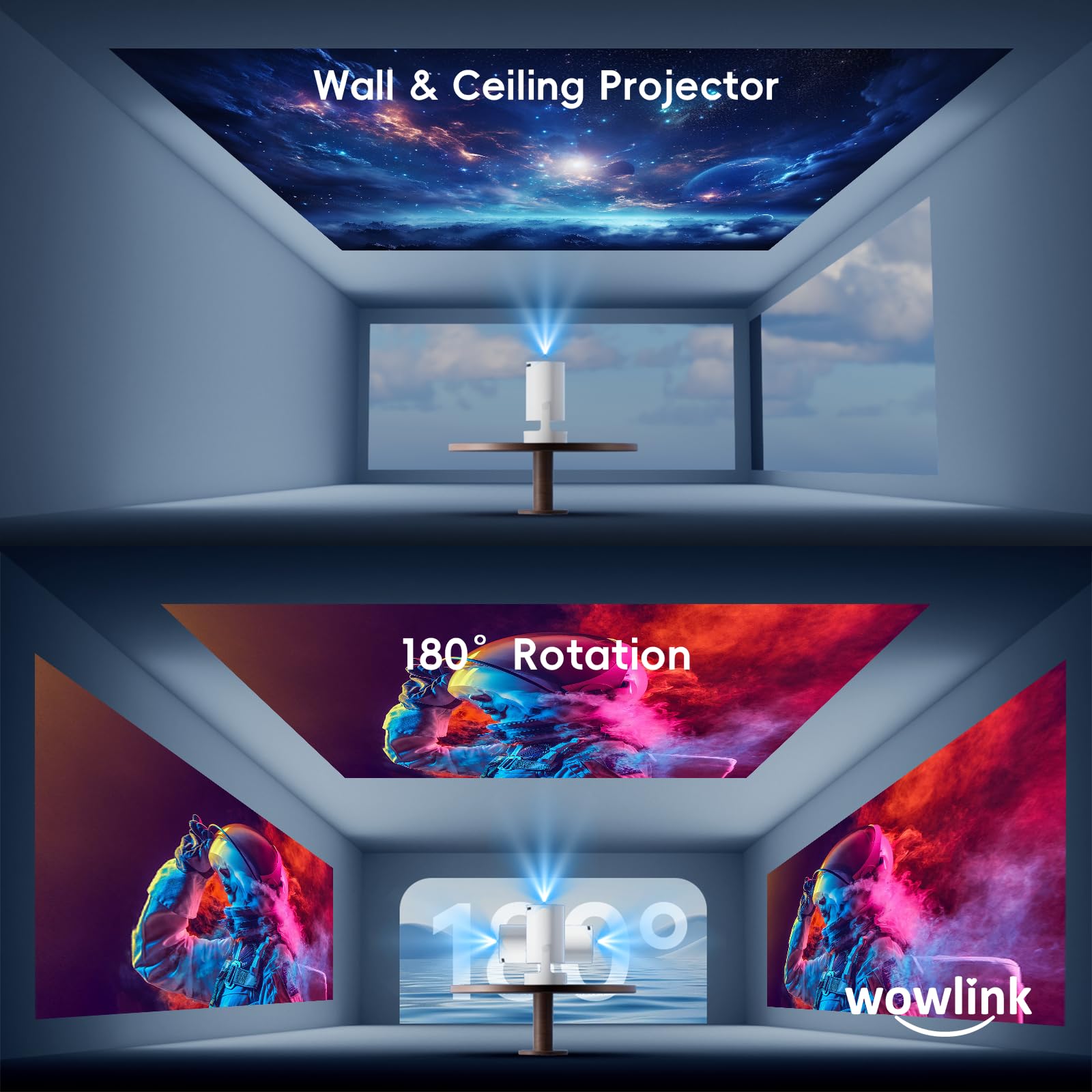 [Apps intégrées & 2026 Upgraded] Vidéoprojecteur avec WiFi 6 et Bluetooth 5.4 Mini Projecteur Supporte 4K 1080P Auto Keystone Rotation 180° Compatibile avec HDMI/TV Stick/Memory Stick/Laptop, Blanc