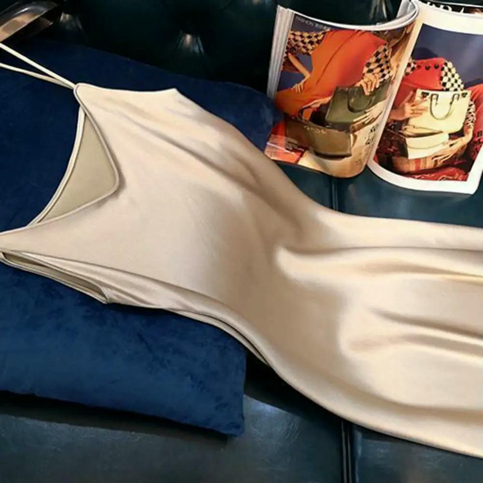Abito Donna Lungo da in Satin con Scollo A V, Senza Maniche, Schienale, Lacci, Elegante Estivo Sera per Le Vacanze-Spumante-XL