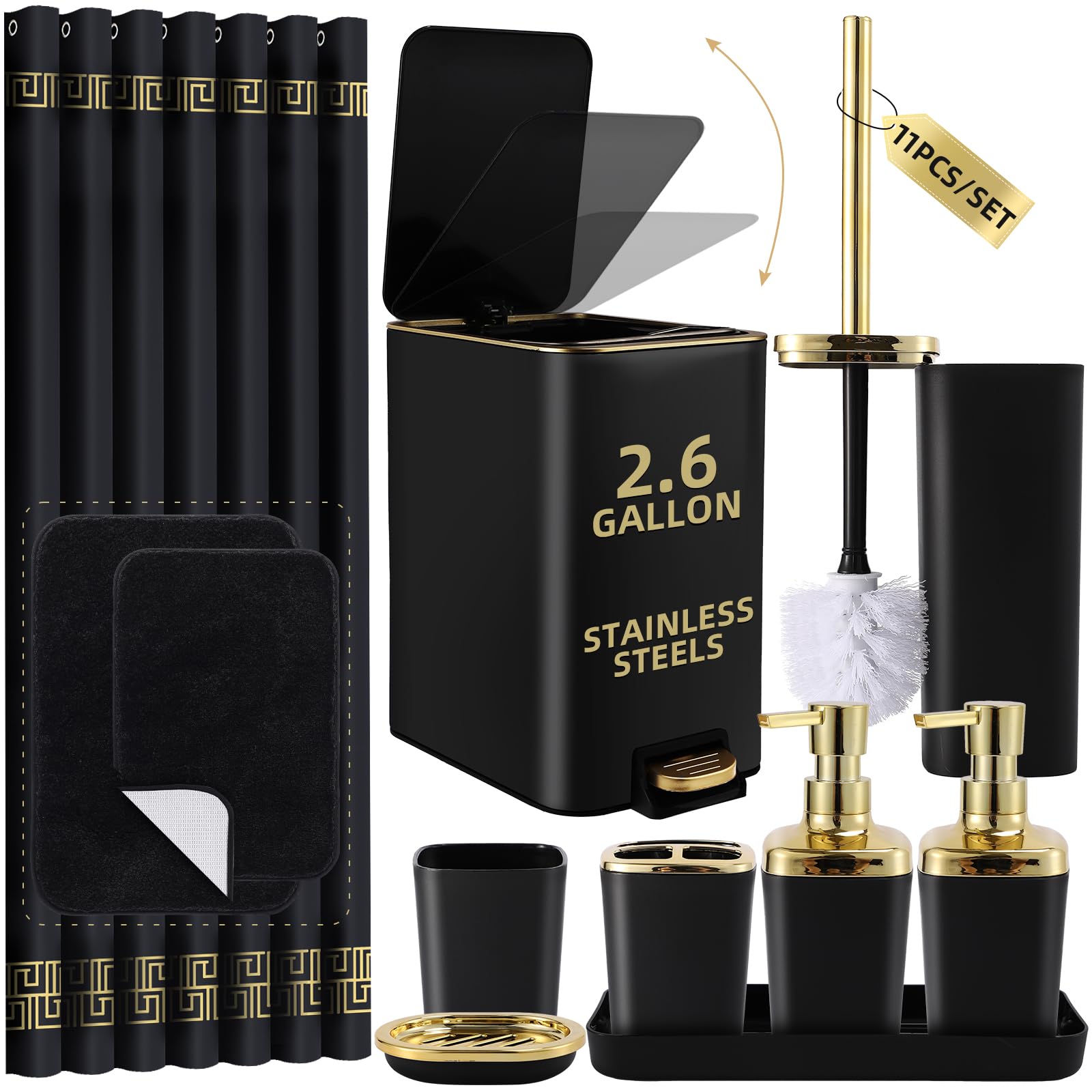 XLHOMO Bathroom Sets with Shower Curtain and Rugs Black Bathroom Accessories Bathroom Set,Soap Dispenser & Toilet Brush Holder Set with Stainless Steel Trash Can