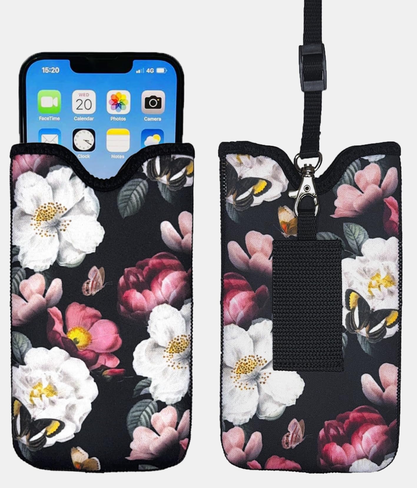 Tainada Neck Cellphone Sleeve Carrier w/Belt Loop (Black Floral Butterfly)