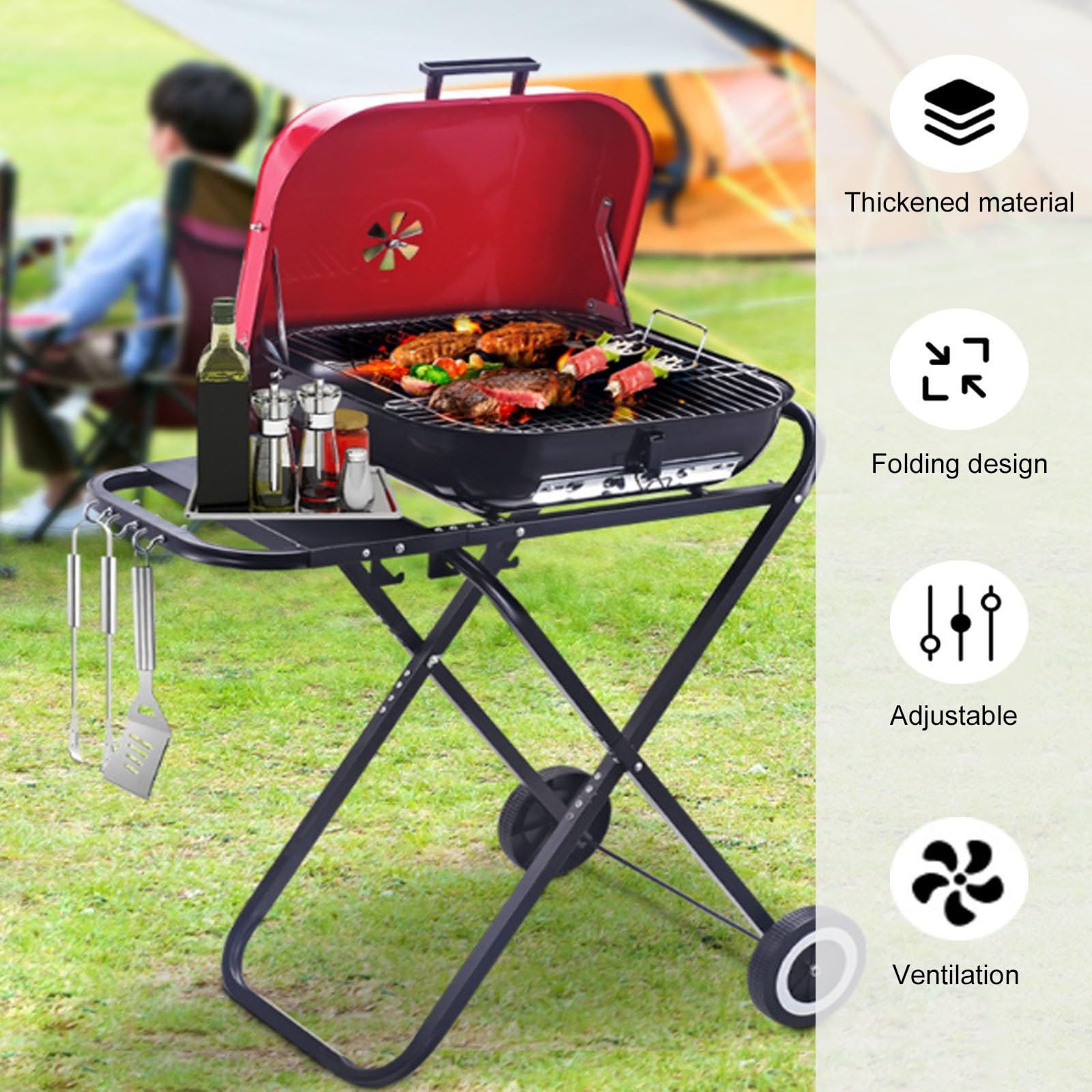 Parrilla de carbón portátil con ruedas, Barbacoa plegable para cocinar al aire libre, Parrilla de carbón para camping, jardín, patio, picnic, viaje