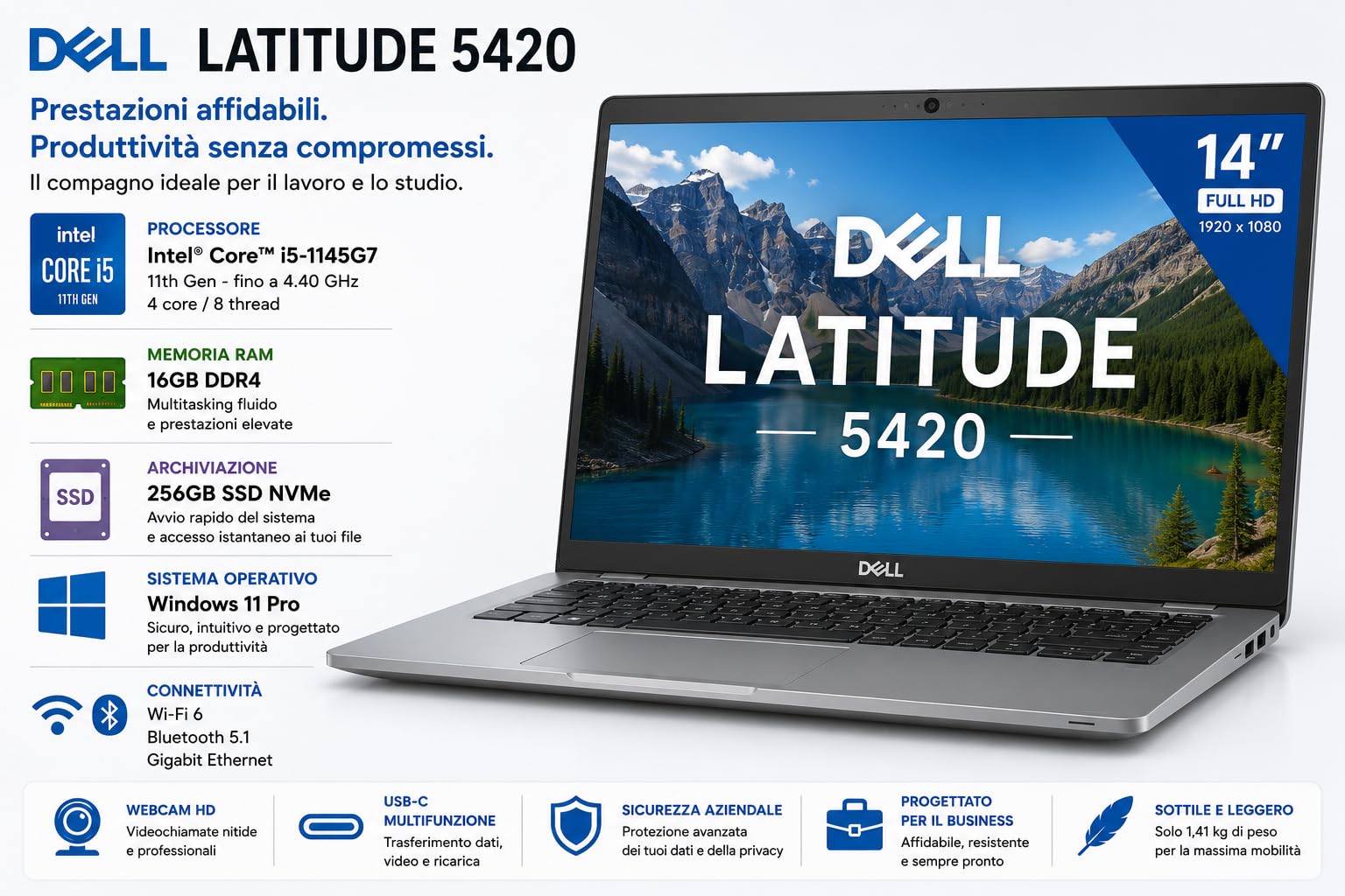 Dell Latitude 5420 14” Full HD Notebook – Intel Core i5-1145G7, 16GB RAM, SSD 256GB, Windows 11 Pro, Webcam, Wi-Fi, USB-C (Ricondizionato)