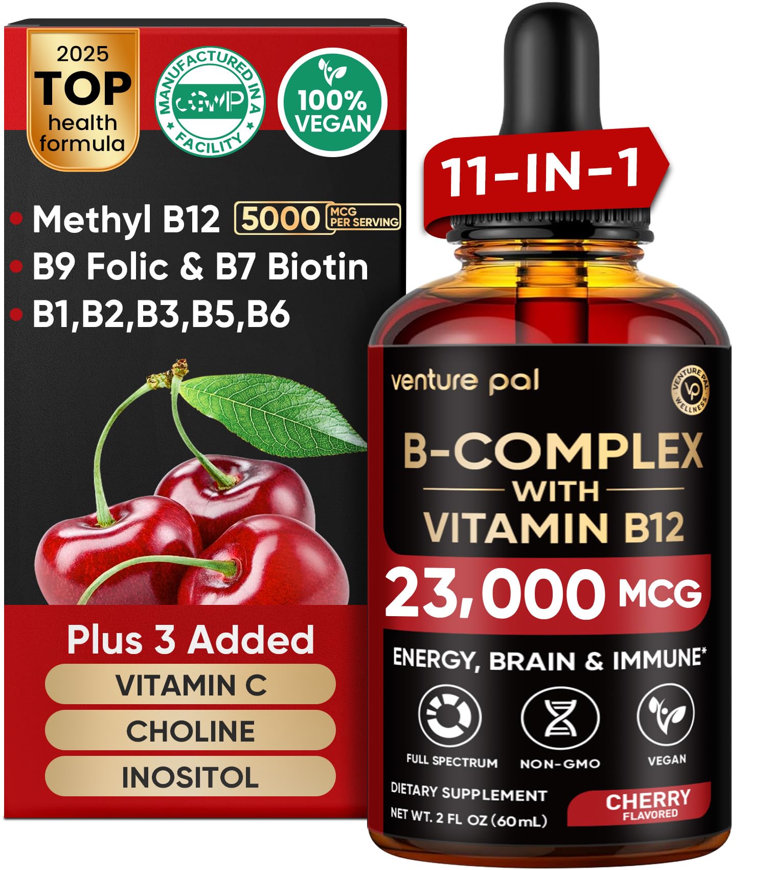 Venture Pal 11-in-1 Vitamin B Complex Liquid Drops, B12 Methylcobalamin | B9 Folic | B1,B2,B3,B5,B6,B7 - Vitamin C, Choline, Inositol, Immune & Energy Metabolism, Brain & Heart Support