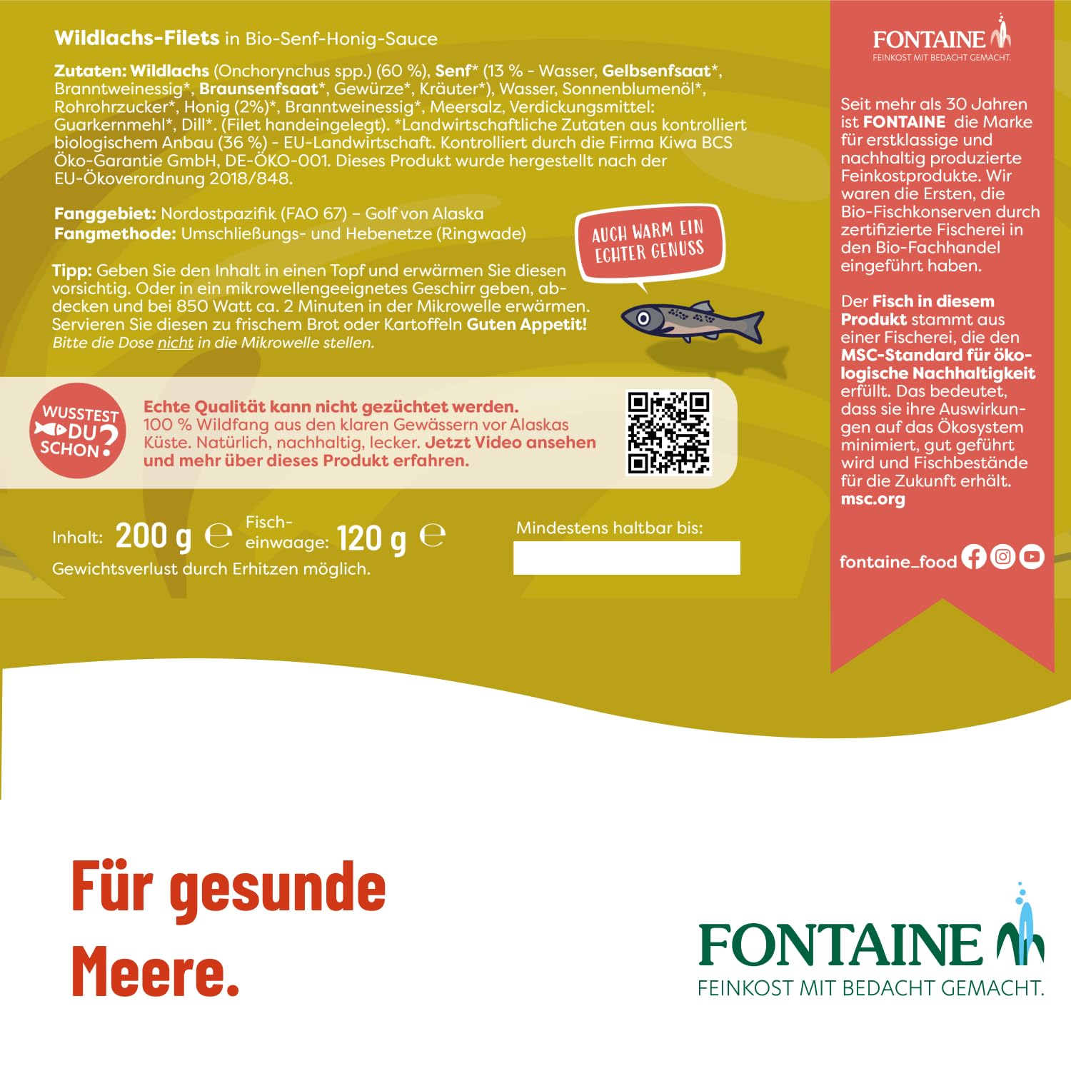 Fontaine - Wildlachs Filets in Bio-Senf-Honig-Sauce – 200 g – 5er Pack - Premium Lachsfilets aus 100% zertifizierter, nachhaltiger Fischerei