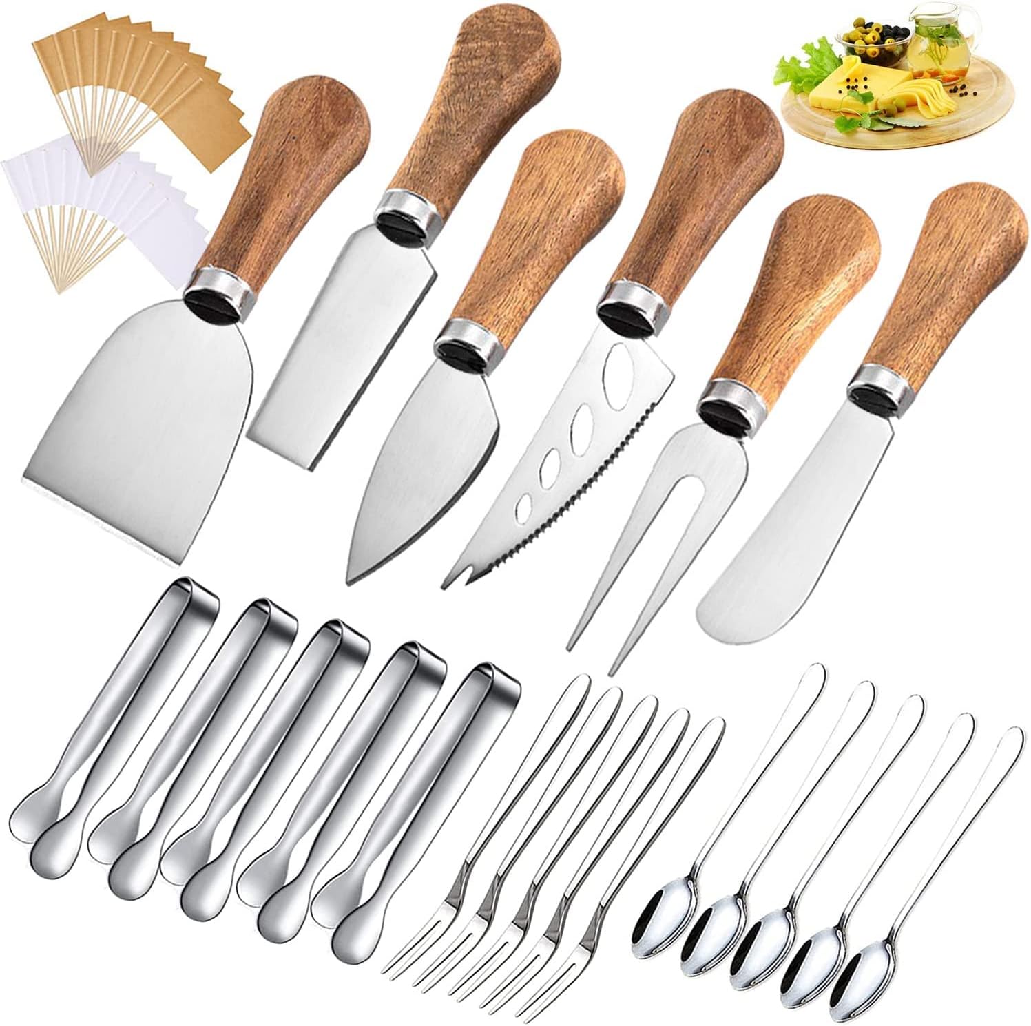 Charcuterie Board Accessories Spreader Knife Set with Cheese Knife, Butter, Tongs, Spoons, Forks, Toothpicks & Flags Charcuterie Board Accessories Spreader Knife Set with Cheese Knife, Butter, Tongs, Spoons, Forks, Toothpicks & Flags