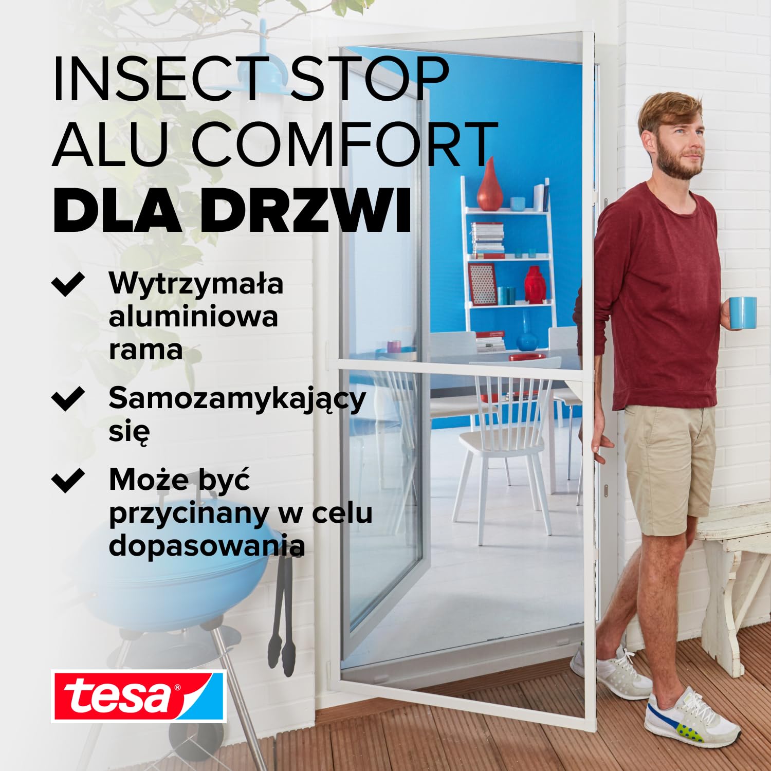 tesa INSECT STOP Aluminium For Doors Frame Fly Screen - siatka z ramą aluminiową, czysty widok, biały - 100 x 220 cm
