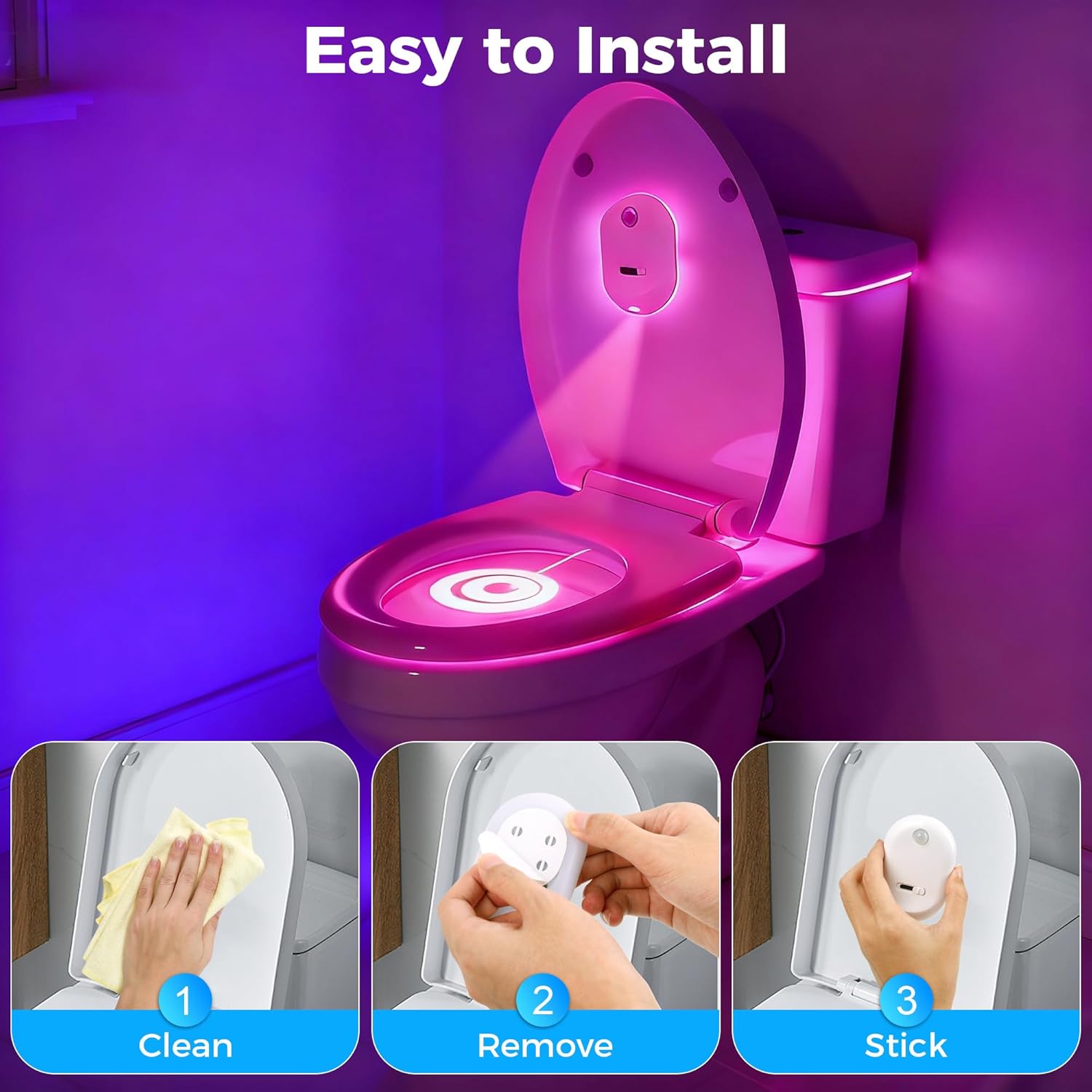 Flupuro 3 Pack Toilet Lights Motion Sensor, Rechargeable Battery Operated Toilet Bowl Light with Projector, Bathroom Night Ambient Mood Lighting, Cool Stuff Accessories Decor Gadgets for Men Kids Gift