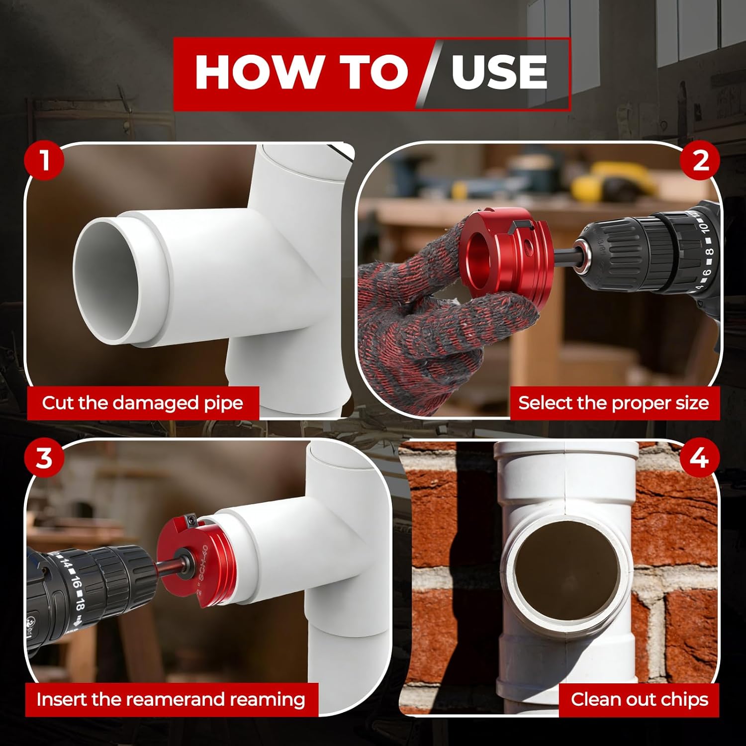 Double Blade PVC Pipe Reamer Kit 1/2", 3/4'', 1'', 1-1/4", 1-1/2'', 2'', 3'', 4'', Plastic Pipe Fitting Reamer Socket Saver Plumbing Tool into Standard 1/2" Drills - Fits PVC, SCH40, ABS, CPVC, 8PCS