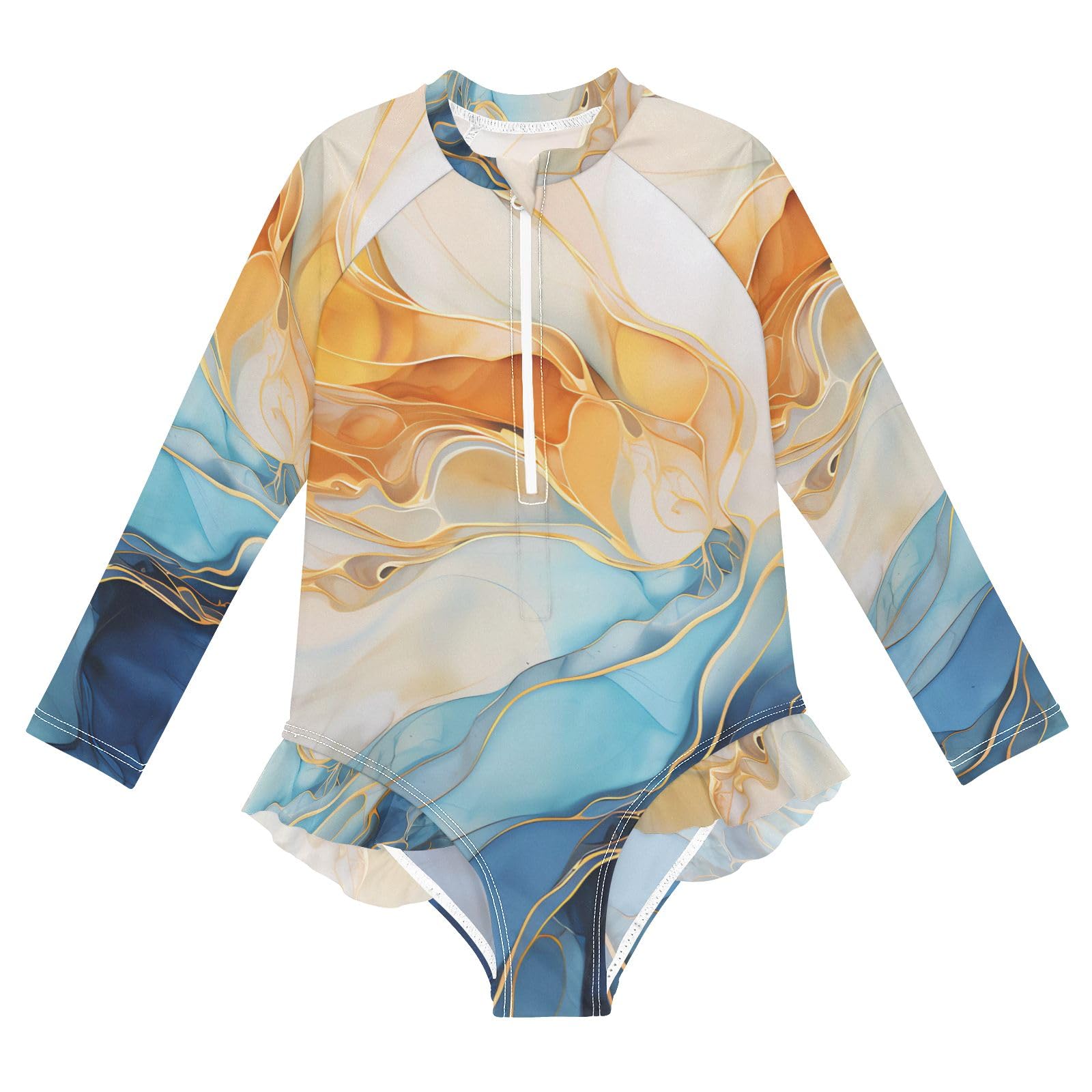 ALAZA Swimsuit for Girls Long Sleeve Rashguard Bathing Suit Marble Blue Orange Quick Dry 4T