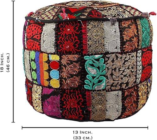 Miniatura 10 de Aakriti Gallery Funda de puf indio bordada étnica, puf otomano redondo de algodón indio, funda de puf otomano, almohada de decoración étnica, solo