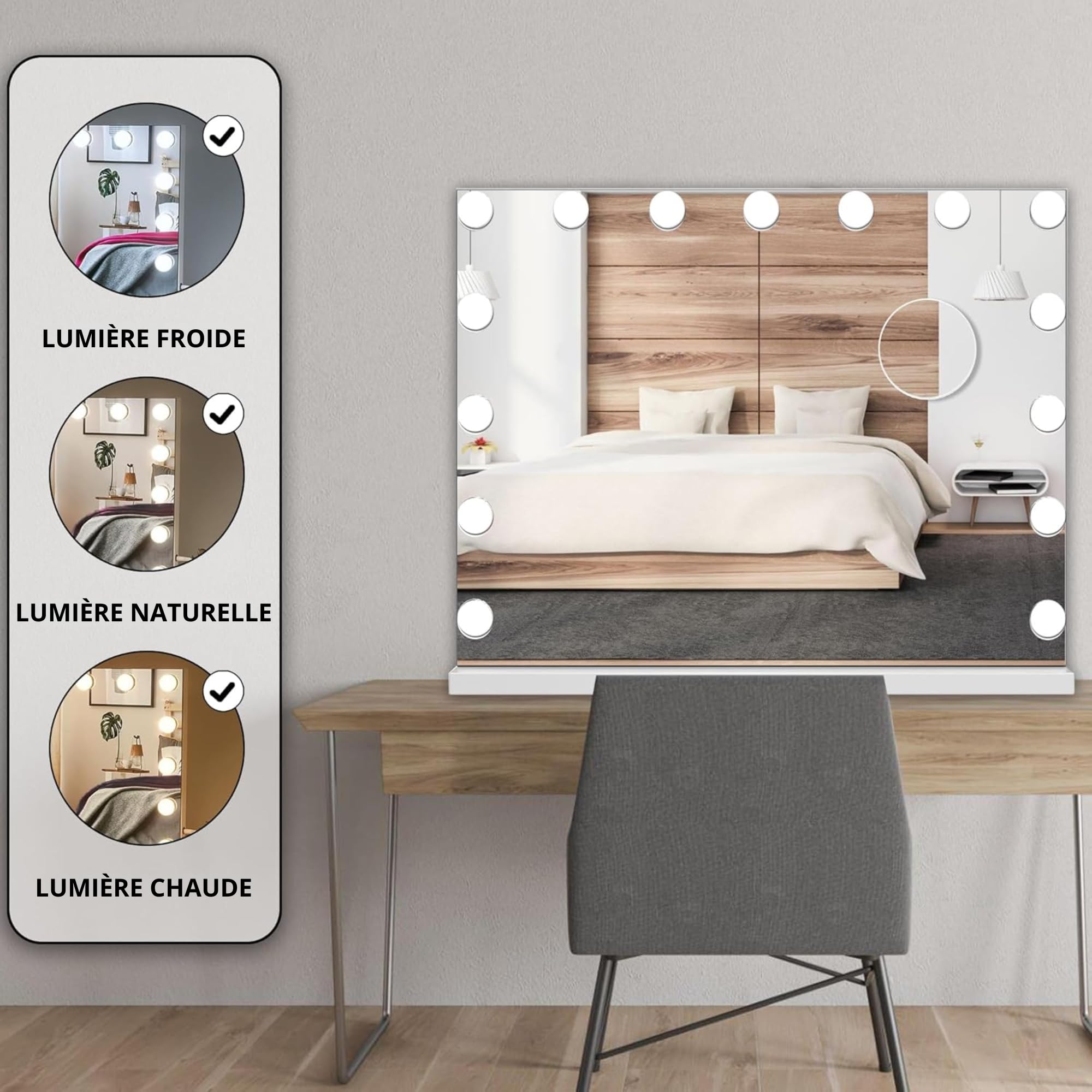Bayt Miroir Coiffeuse Hollywood avec Bluetooth 58x46 cm – Miroir LED Maquillage Lumineux Connecté | Miroir Tactile Dimmable avec Miroir Grossissant 10x à Poser ou Mural pour Chambre et Salle de Bain