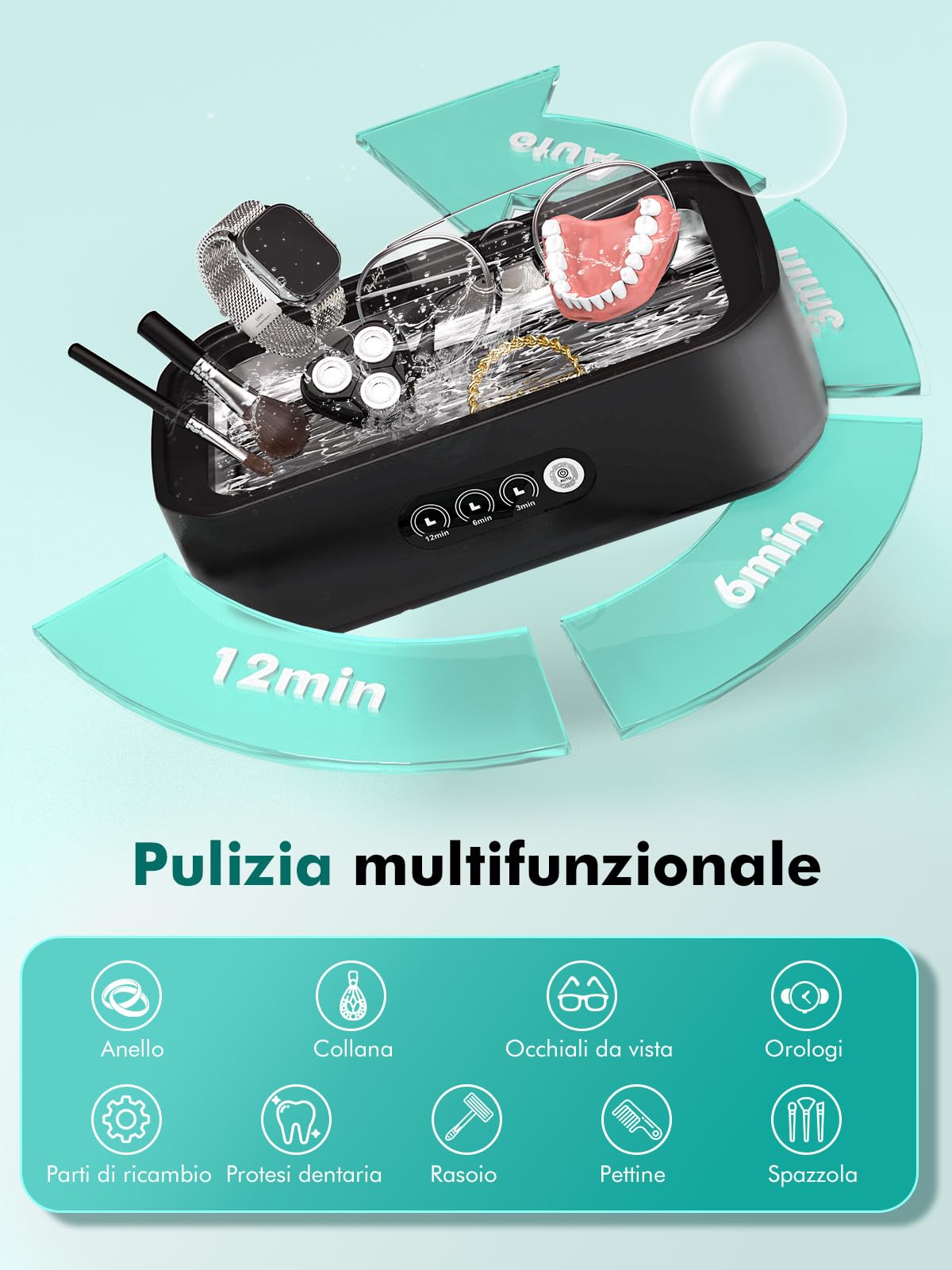 Pulitore ad ultrasuoni, 48 kHz, pulitore ad ultrasuoni, 650 ml, per pulizia profonda a 360°, funzionamento one-touch, adatto per la pulizia di vetri, gioielli, protesi