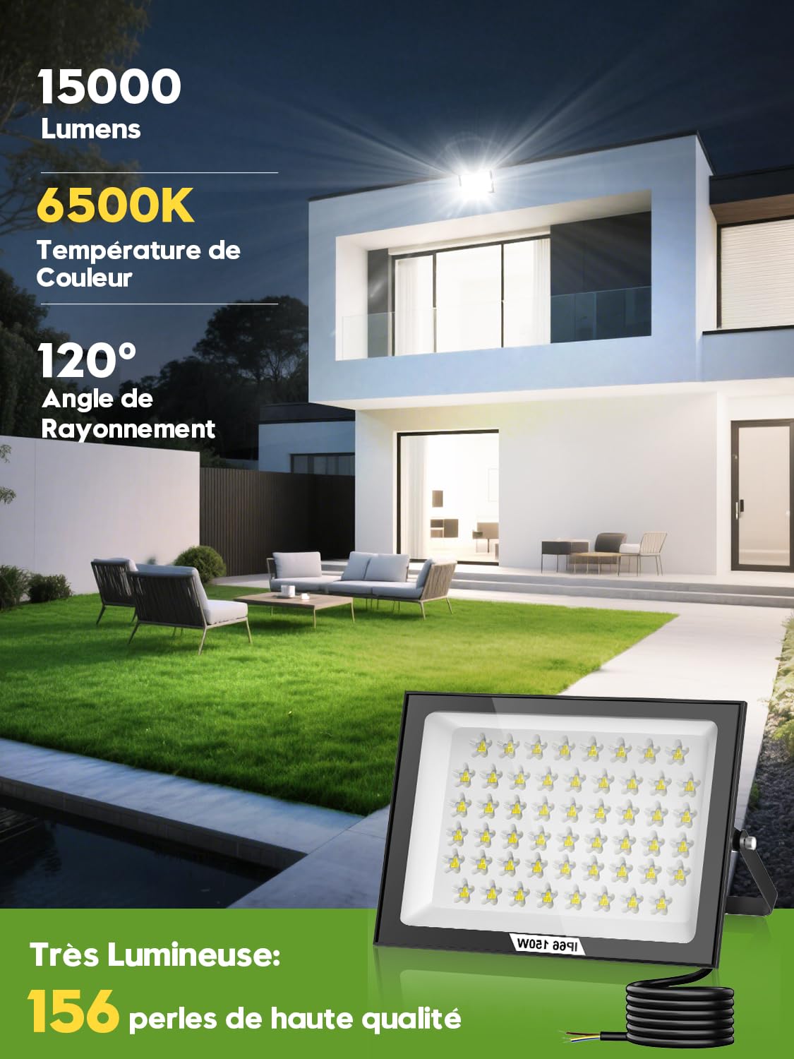 Projecteur LED Exterieur 150W 2 Pièces,15000LM Super Lumineux Spot LED Extérieur,6500K Blanc Froid Spot Extérieur Puissant,IP66 Étanche Eclairage Exterieur pour Jardin, Terrasse, Garage, Terrasse