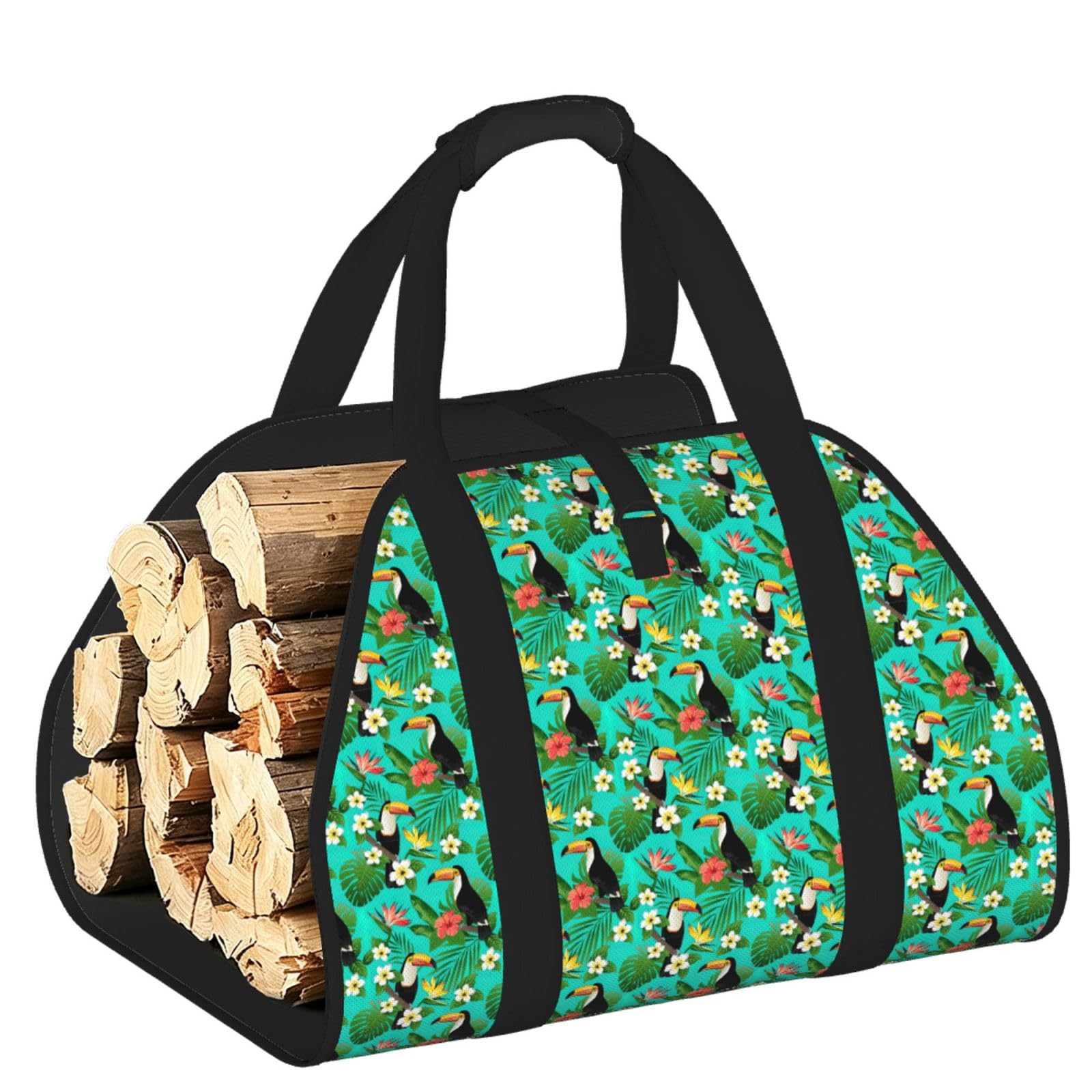 Ayyqwe Black Tropical Birds And Plant Leaf Print Firewood Bag Wood Waterproof Versatile Camping Picnic Storage Daily Home